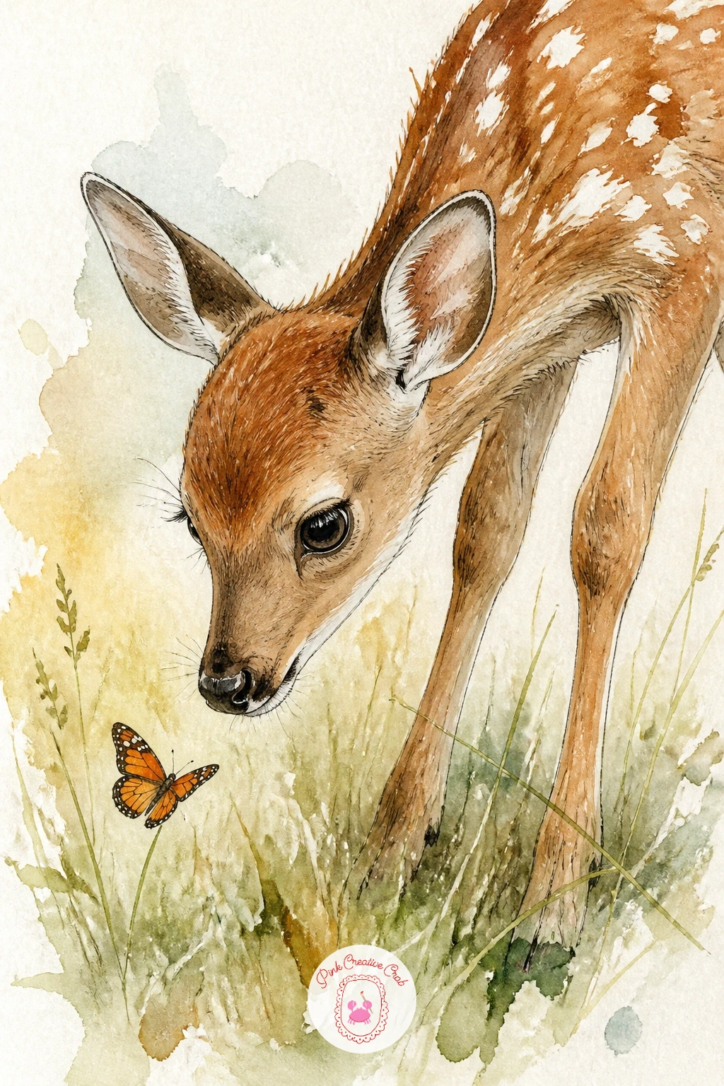Fawn Meeting a Butterfly — Return to a gentle, small scale story here. Deer painting