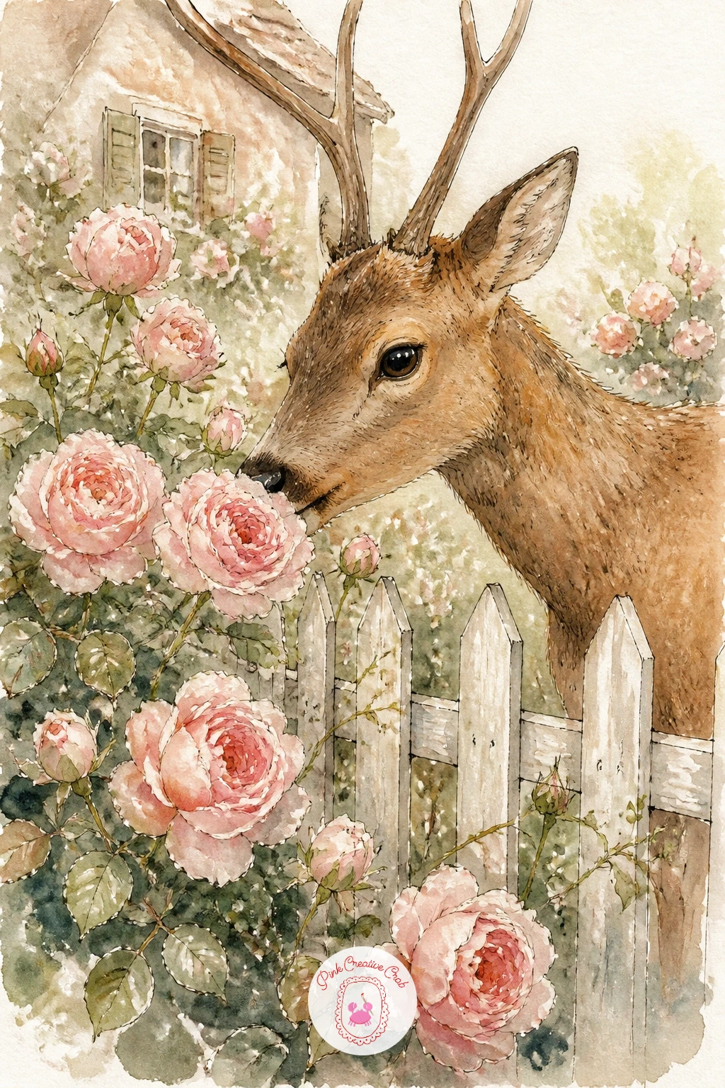 Deer Nibbling Roses in a Cottage Garden — Paint a little mischief into the garden series with this scene. Deer painting