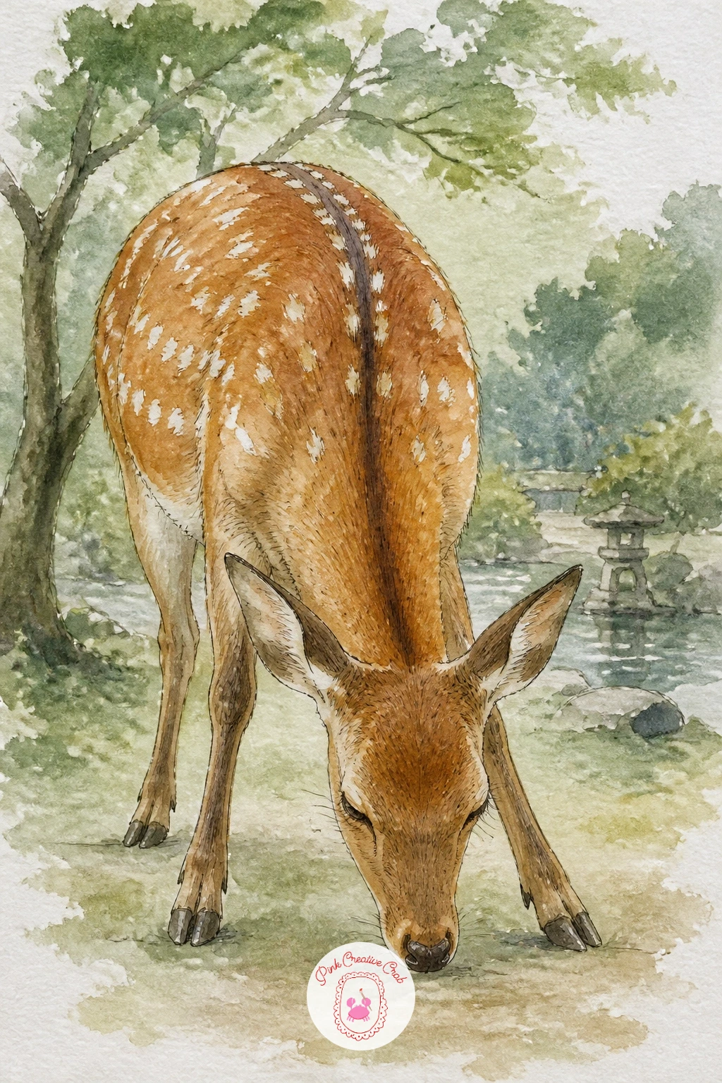 Sika Deer Bowing in a Japanese Park — Take on a quieter, more formal pose for this one. Deer painting
