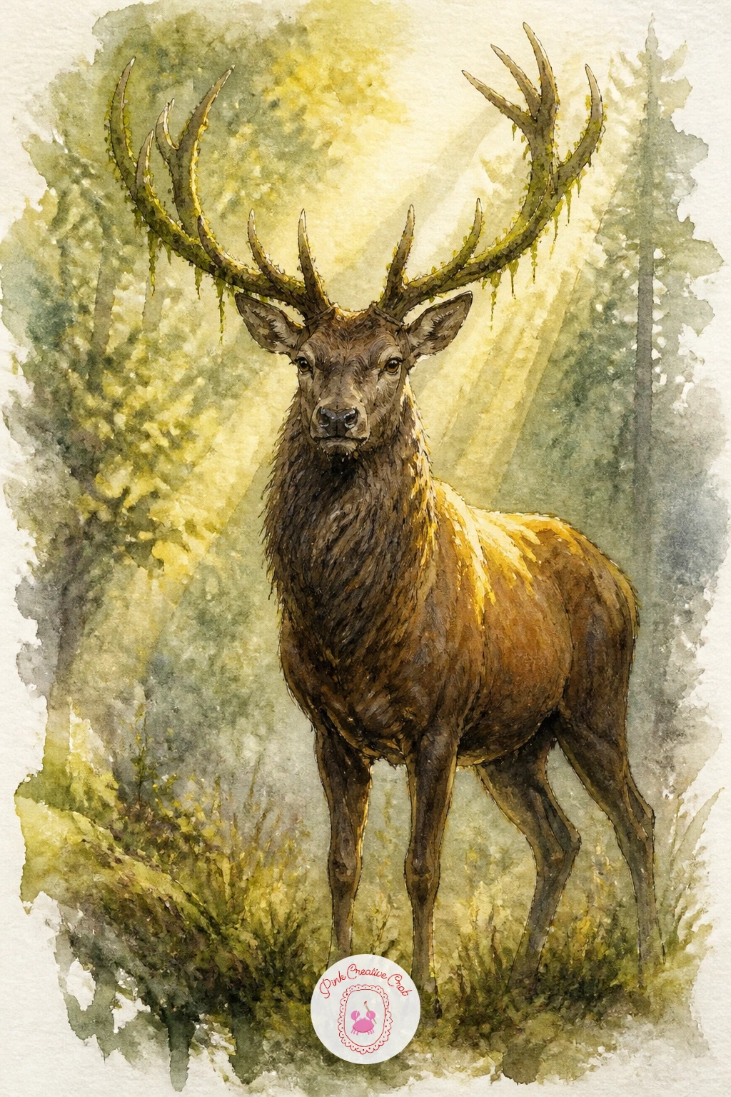 Stag With Mossy Antlers in a Forest Clearing — Place the light source directly above and slightly behind the stag for this one, filtering down through a forest