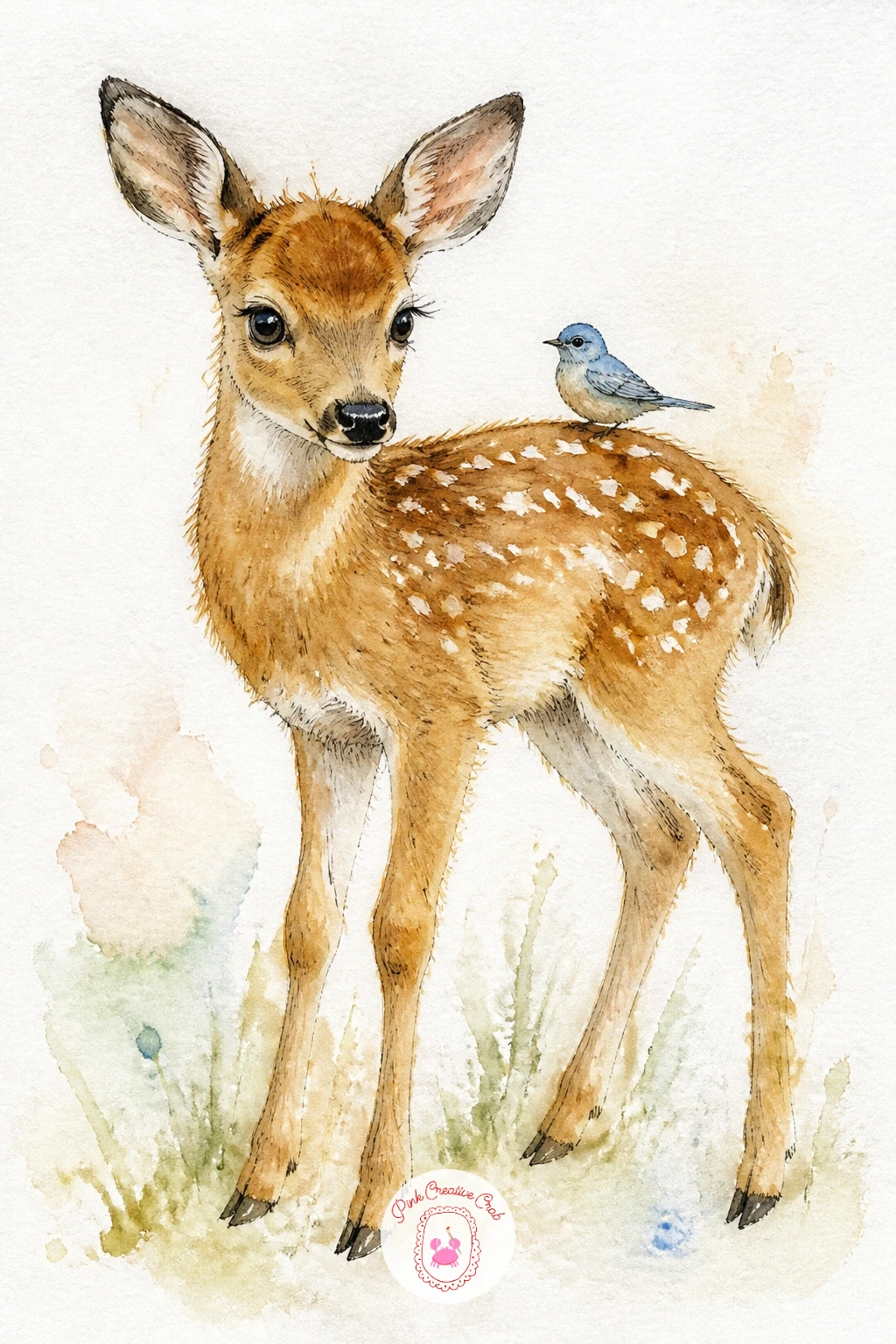 Fawn With a Little Bird Perched on Its Back — Think about scale carefully here, since the whole charm of this scene depends on the bird reading as genuinely