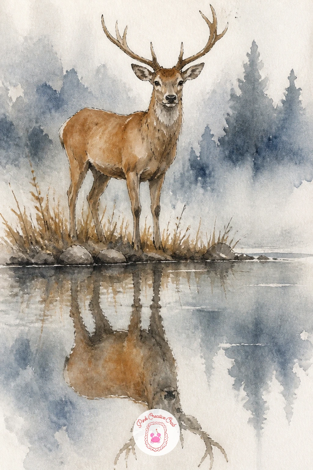 Deer Reflected in a Lake — Work from the deer downward for this one, since the reflection should always follow the subject rather than the other way round.