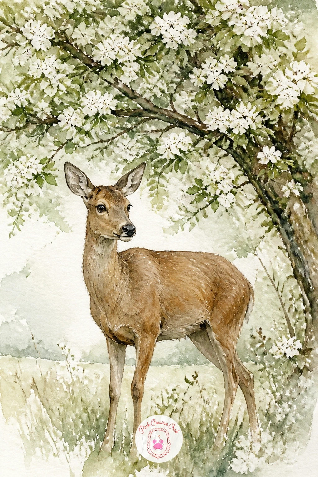 Deer Under a Flowering Hawthorn — Let the tree do most of the color work in this piece. Deer painting