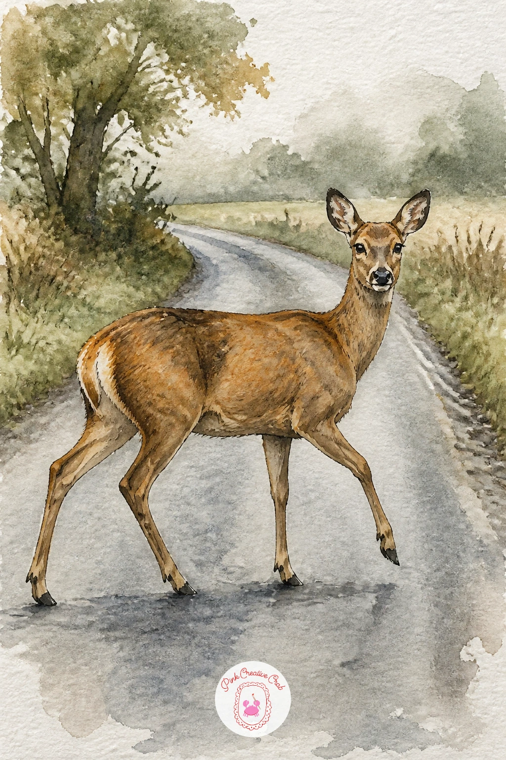 Deer Crossing a Quiet Country Road — Build a sense of a held breath into this one. Deer painting