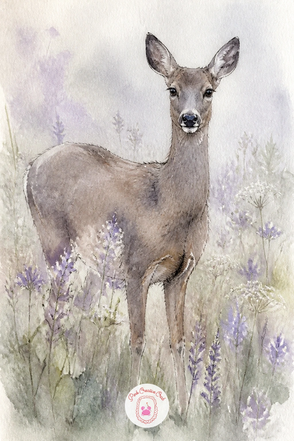 Doe in a Foggy Meadow of Wildflowers — Soften everything for this one, since fog is really about what you choose not to paint sharply. Deer painting