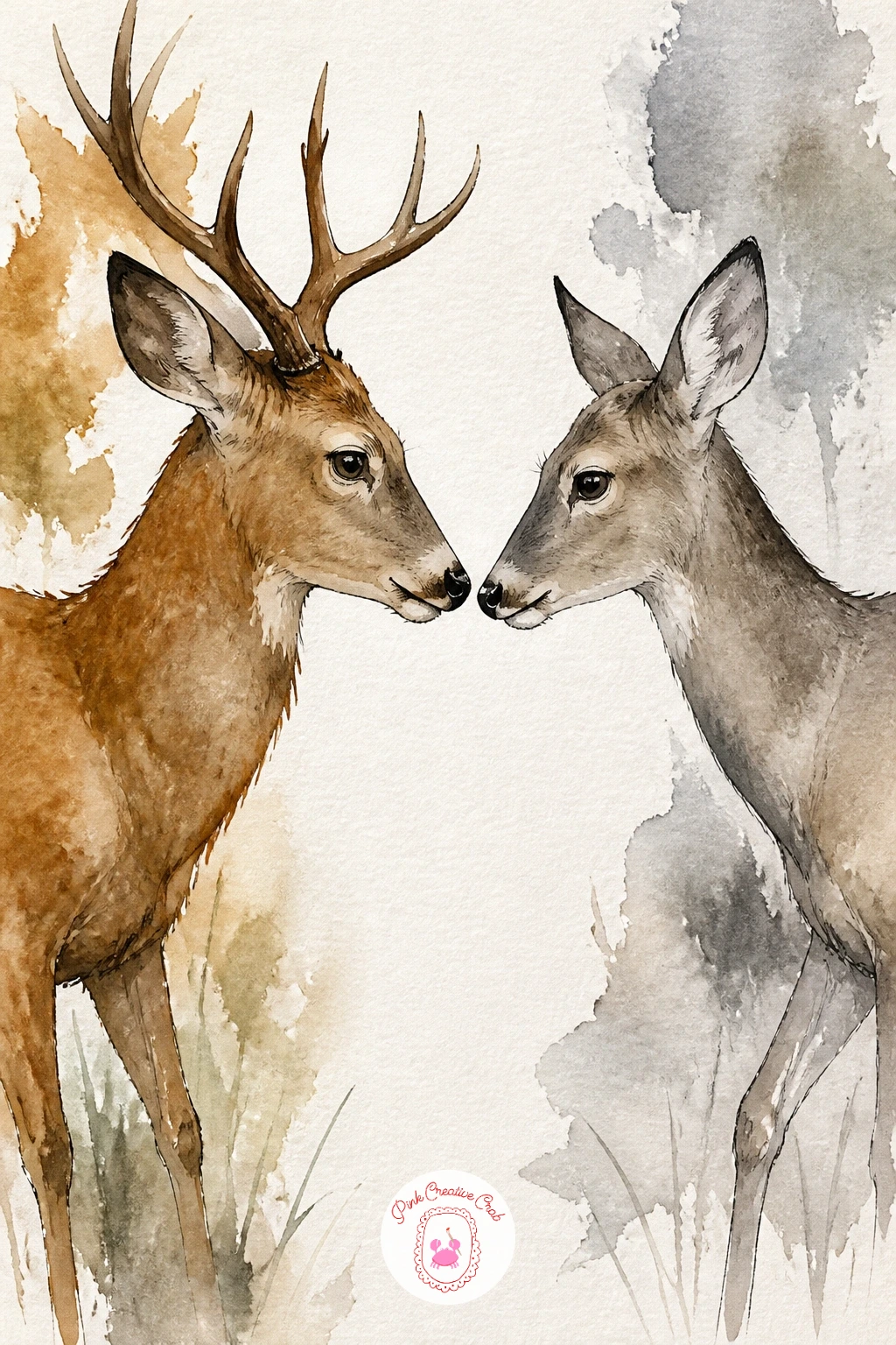Pair of Deer Touching Noses — Focus entirely on the gesture here, since this whole painting depends on one small gap closing between two faces. Deer painting