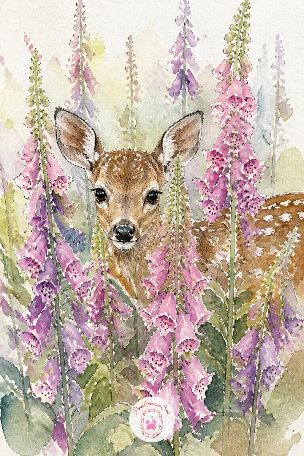 Fawn Hidden Among Foxgloves — Build height into this composition, since foxgloves grow as tall spires and should tower well above the fawn rather than sit as