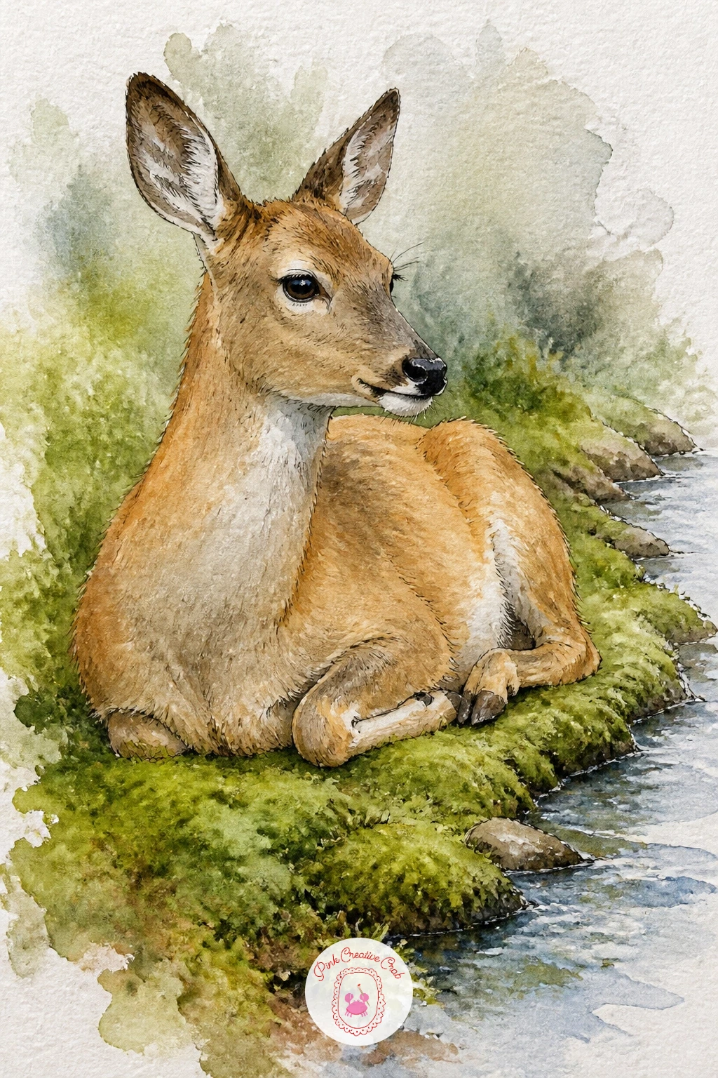 Deer Resting on a Mossy Riverbank — Close the list on a settled, restful note. Deer painting