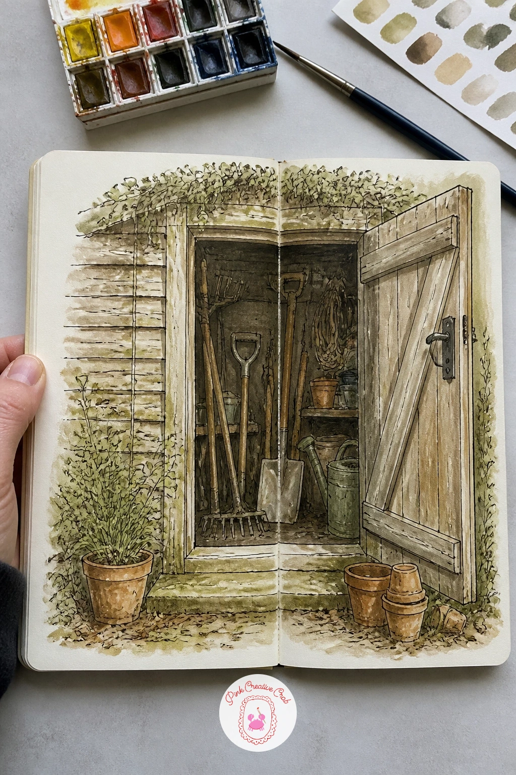 Garden Shed Doorway With Tools — Move outside for this one: a garden shed doorway, half open, with tools leaning against the frame and a cluster of terracotta