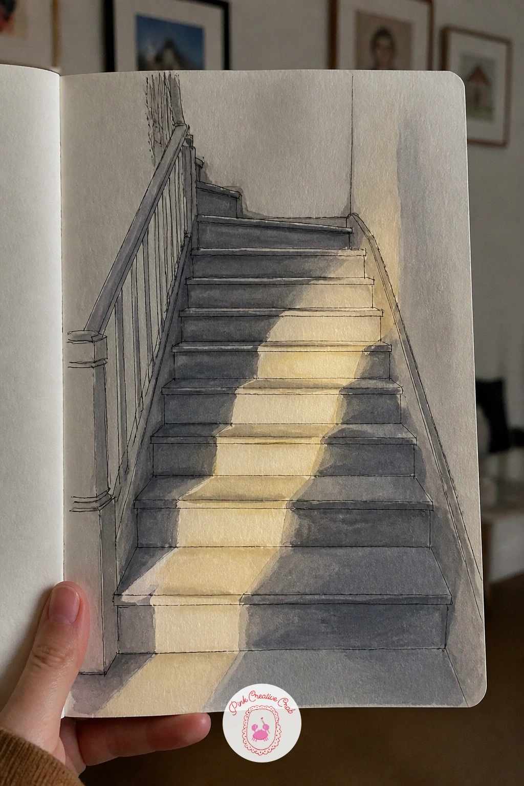 Staircase With Sunlight Across Steps — A staircase lit by a window partway up is one of the most rewarding corners to draw because the light does half the work