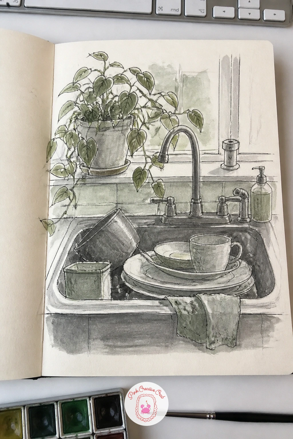 Sink With Dishes and a Plant — The kitchen sink after a meal is cluttered in a way that is actually easier to draw than a tidy one, because the stacked plates