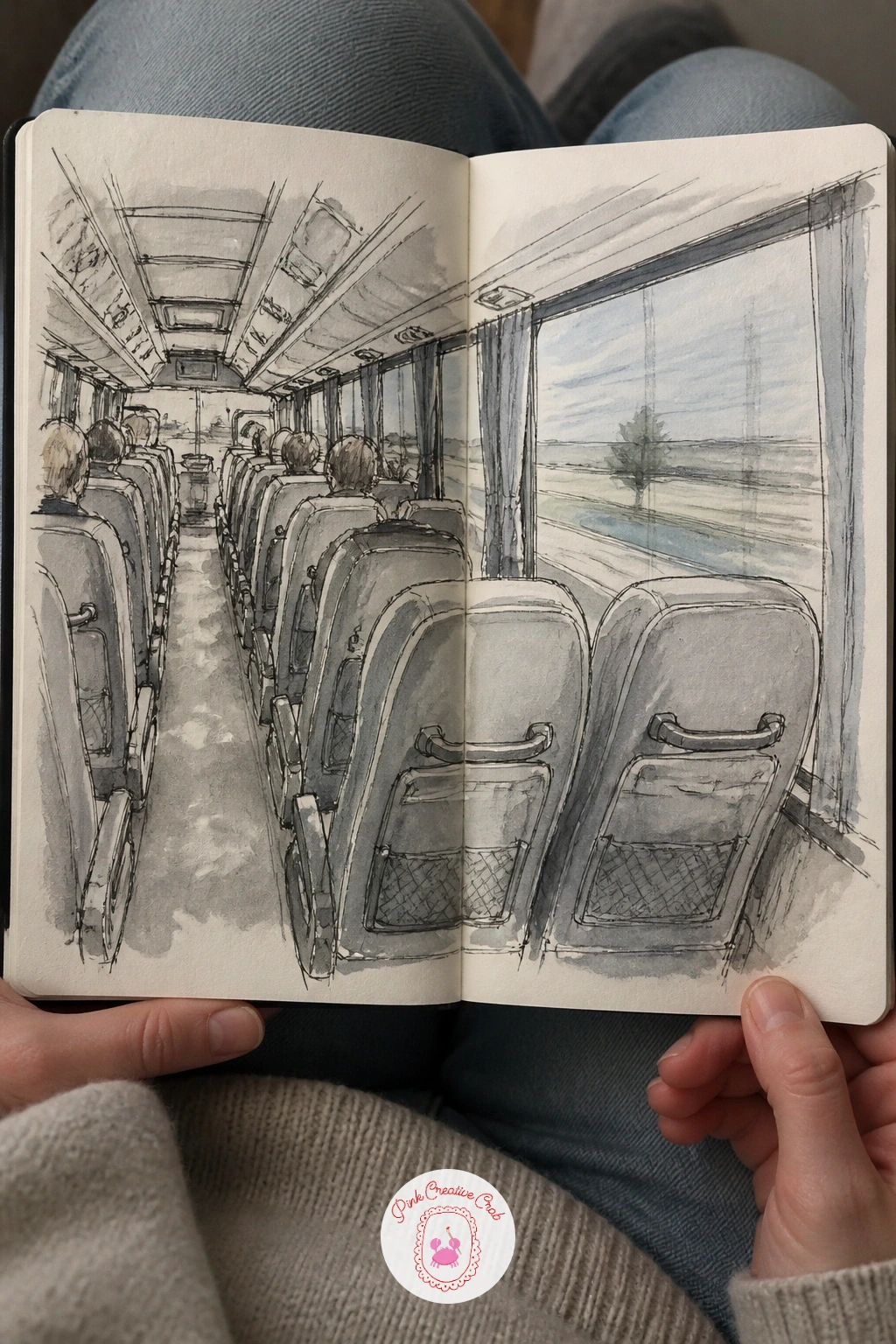 Inside of a Bus With Seats and Windows — Drawing on a moving bus trains your eye to work fast, since nothing stays still for long, so keep this sketch loose