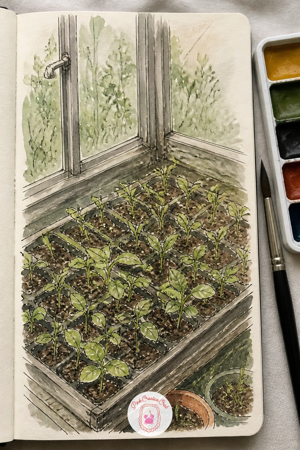 Corner of a Greenhouse With Seedlings — A greenhouse corner gives you trays of seedlings lined up in rows, which sounds repetitive but is actually a good