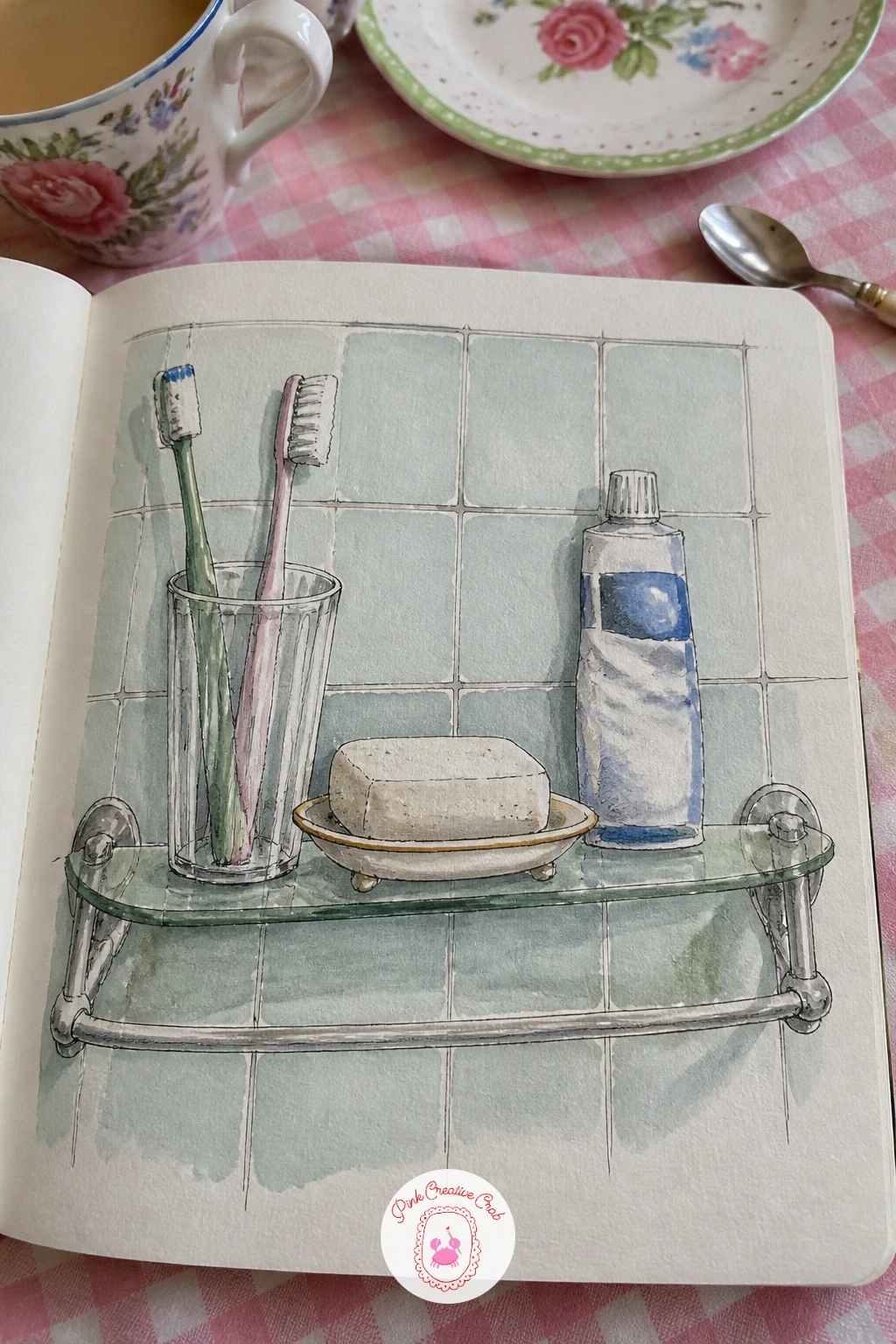 Bathroom Shelf With Toothbrushes and Soap — A bathroom shelf crowded with toothbrushes in a cup, a bar of soap and a tube of something half-squeezed is small