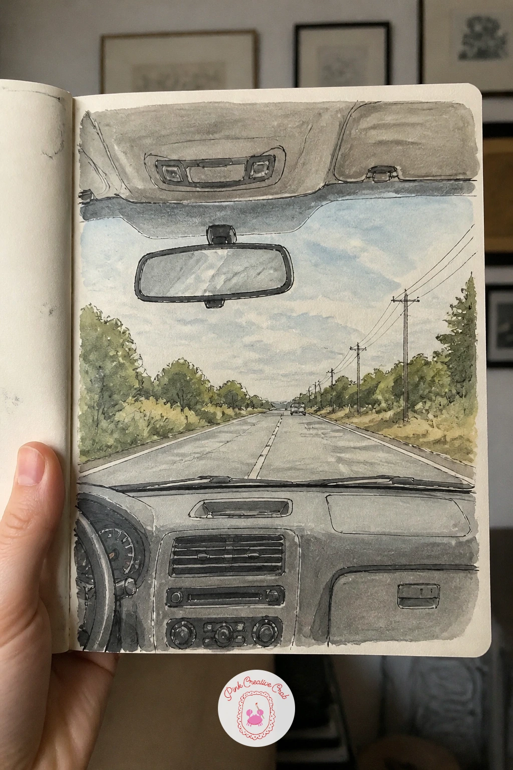 View Through a Car Windshield — Drawing the view through a car windshield, with the dashboard and wipers framing whatever is outside, gives you a built-in