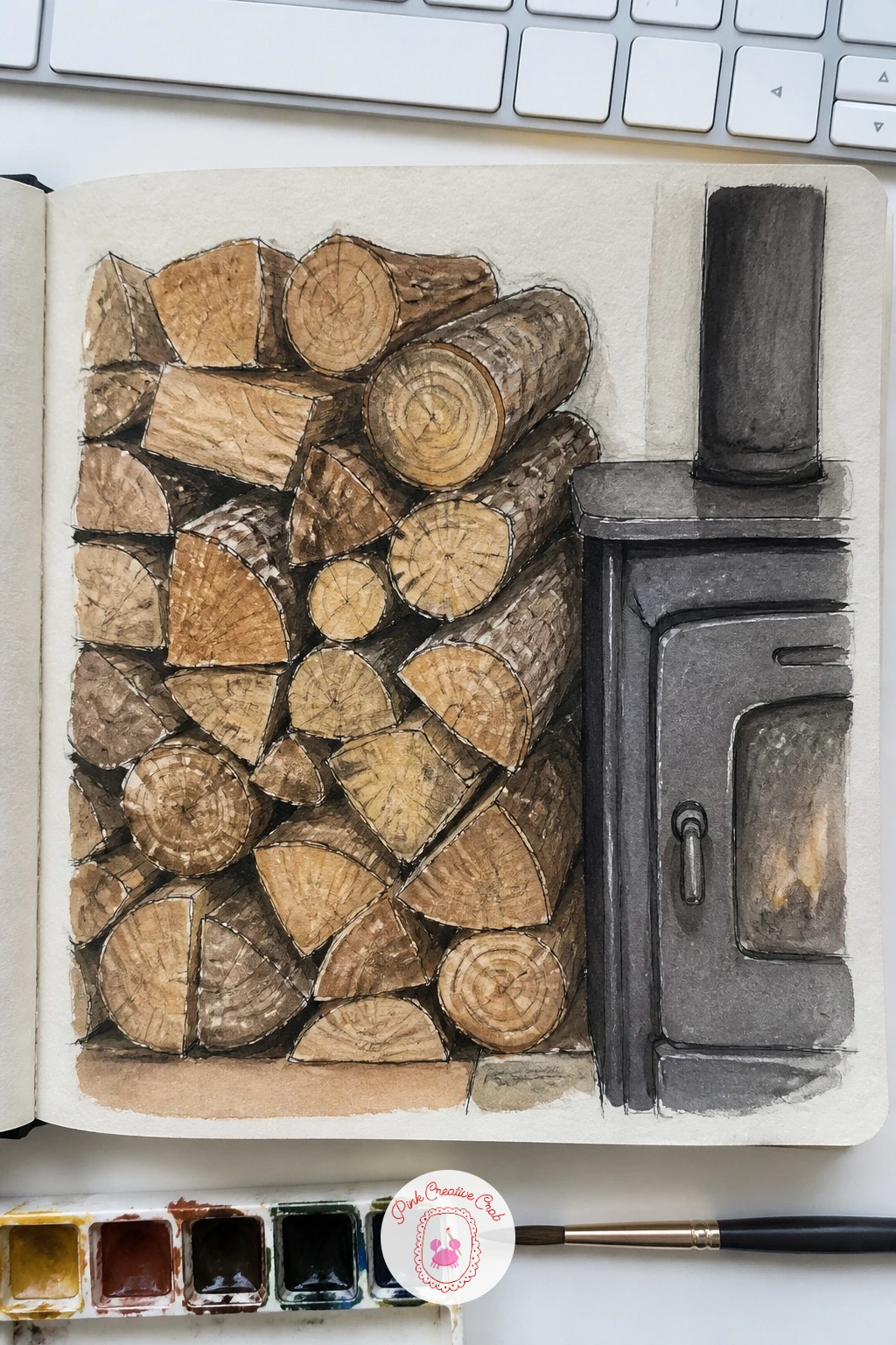 Pile of Firewood Beside a Stove — A pile of stacked firewood beside a stove is pure texture practice: every log is roughly a cylinder, but bark, cut ends and