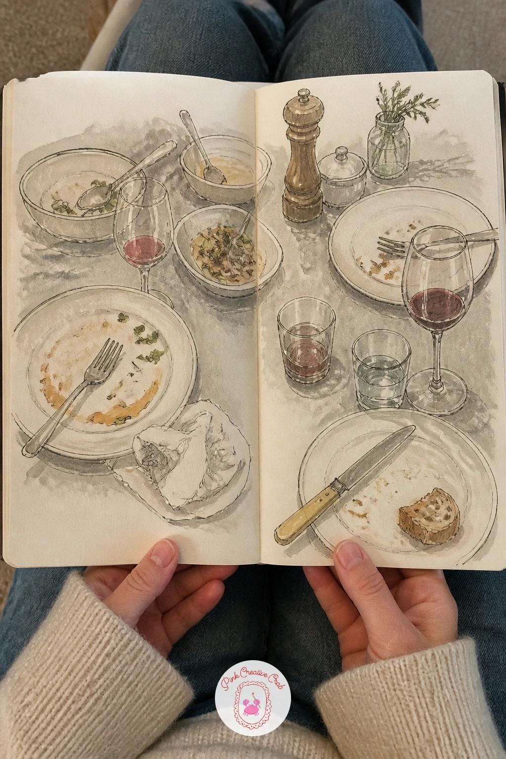 Kitchen Table After Dinner — The kitchen table right after dinner, plates not yet cleared, a napkin crumpled beside a glass, is one of the richest