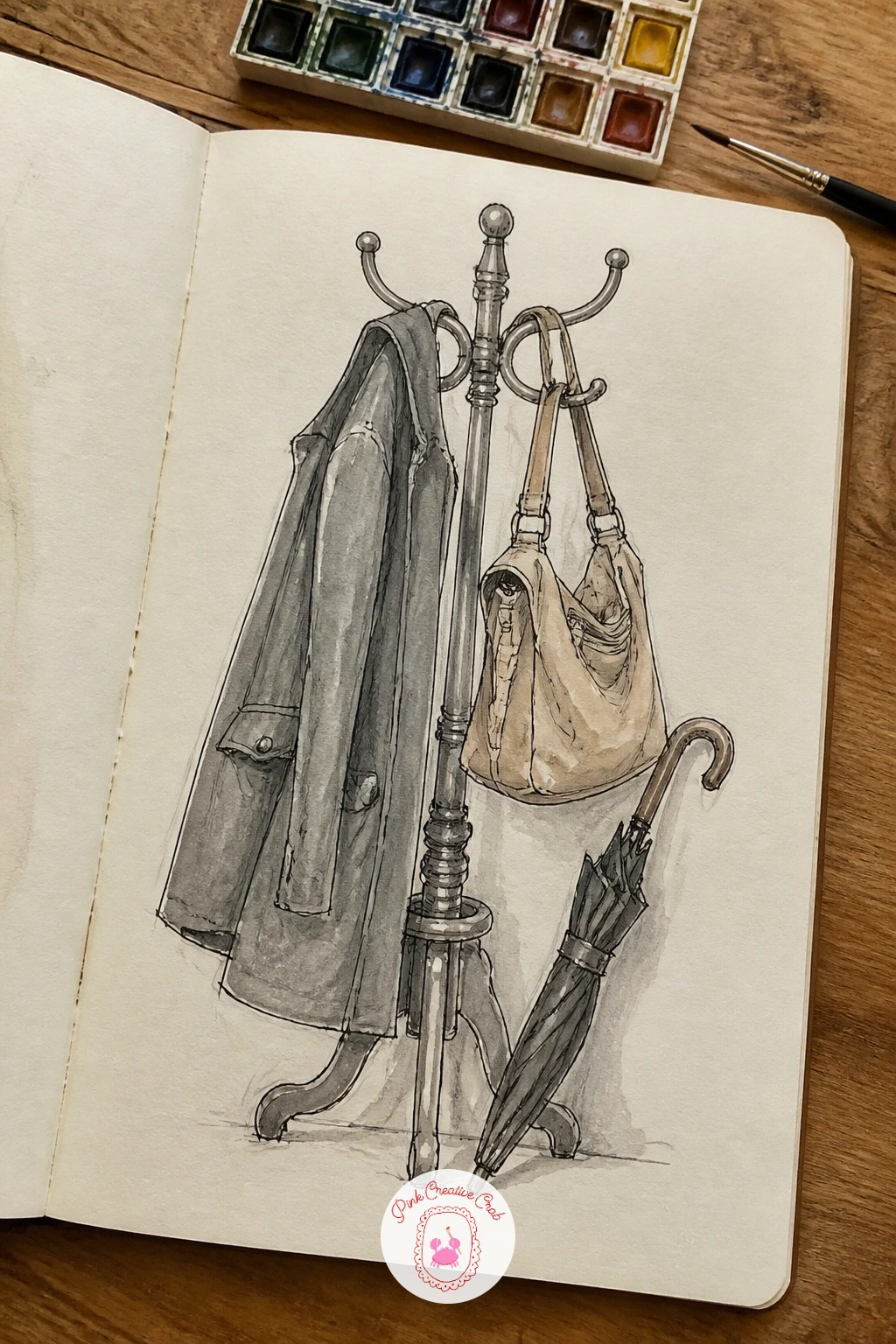 Coat Rack With Bags and Umbrellas — A coat rack by the door, hung with a coat, a bag and an umbrella leaning against it, gives you a cluster of hanging shapes