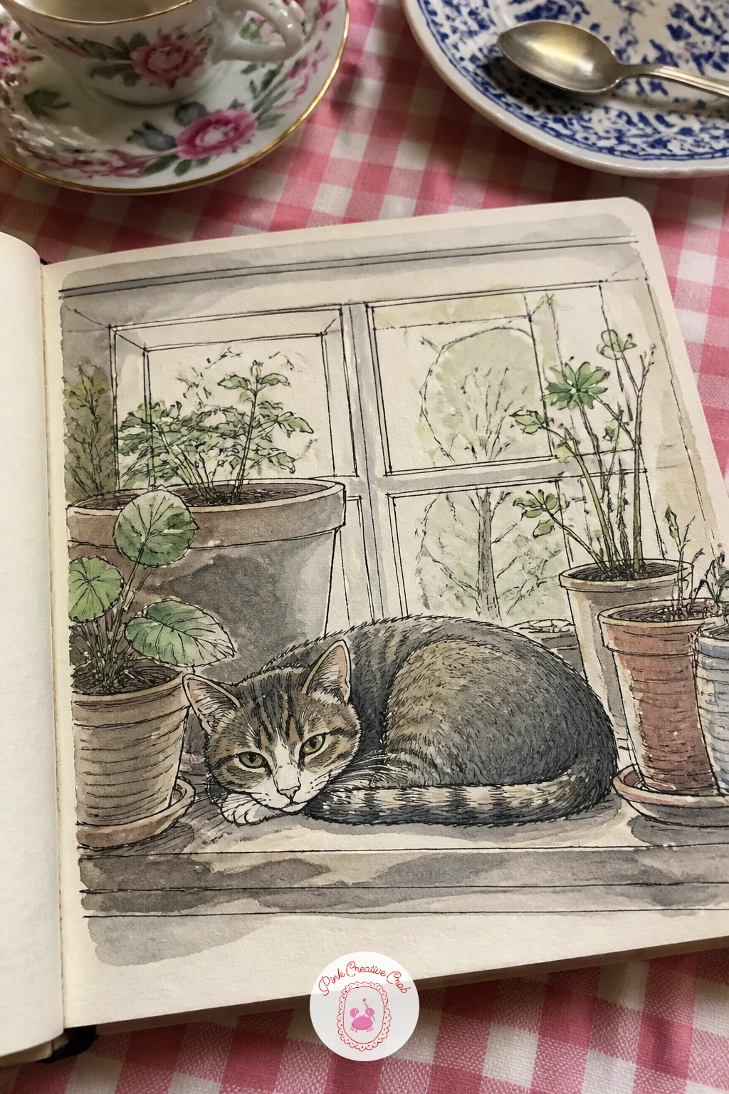 Cat on a Windowsill Among Pots — A cat curled or sitting among potted plants on a windowsill is a wonderful subject because cats hold stillness so well, giving