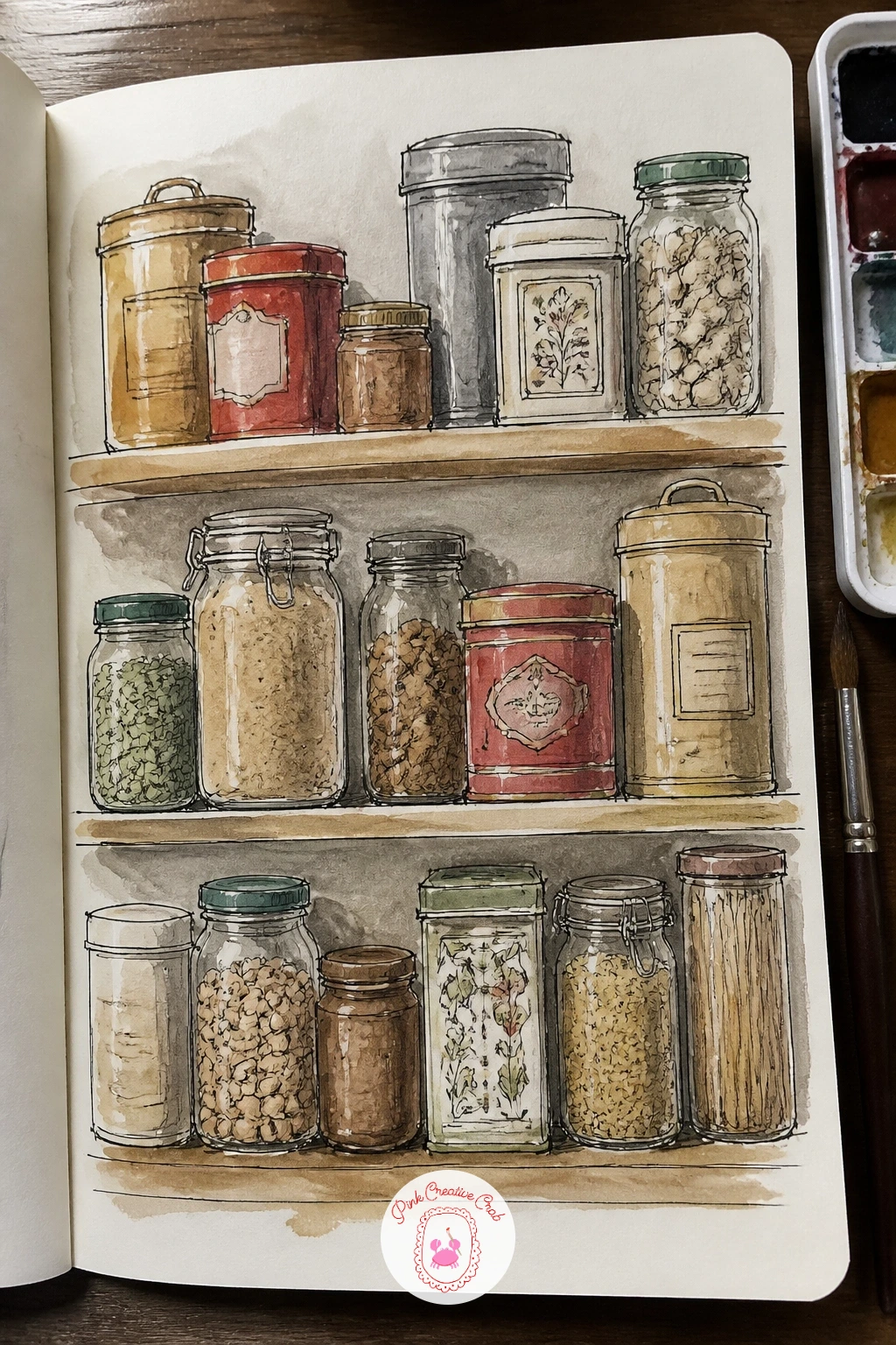 Pantry Shelf of Tins and Jars — A pantry shelf lined with tins and jars is good practice for keeping a row of similar objects from looking identical, since