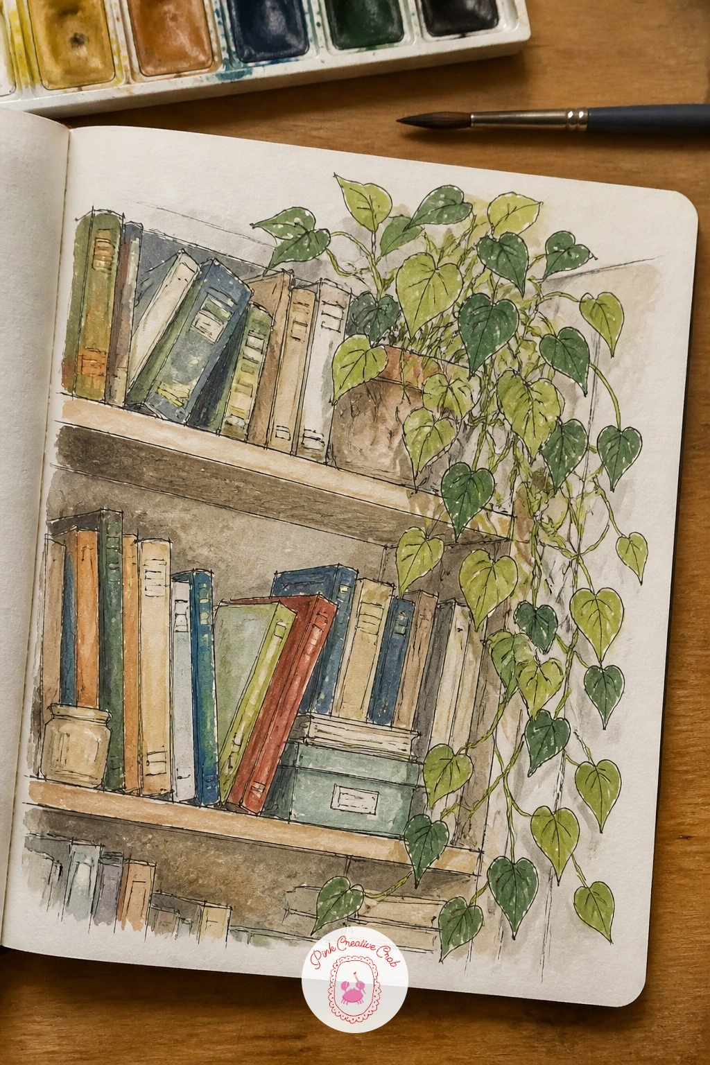 Bookshelf Corner With a Plant — A bookshelf corner with a trailing plant tucked between the books is a satisfying way to close out a sketchbook session, mixing