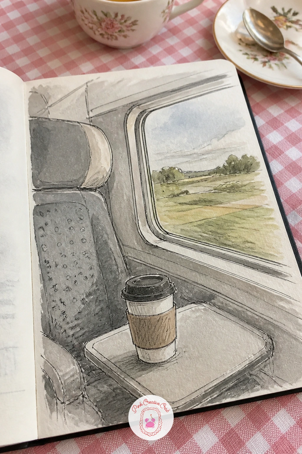 Train Seat With Coffee Cup and View — Closing your observational drawing sketchbook with a train seat, a coffee cup balanced on the little fold-down table and