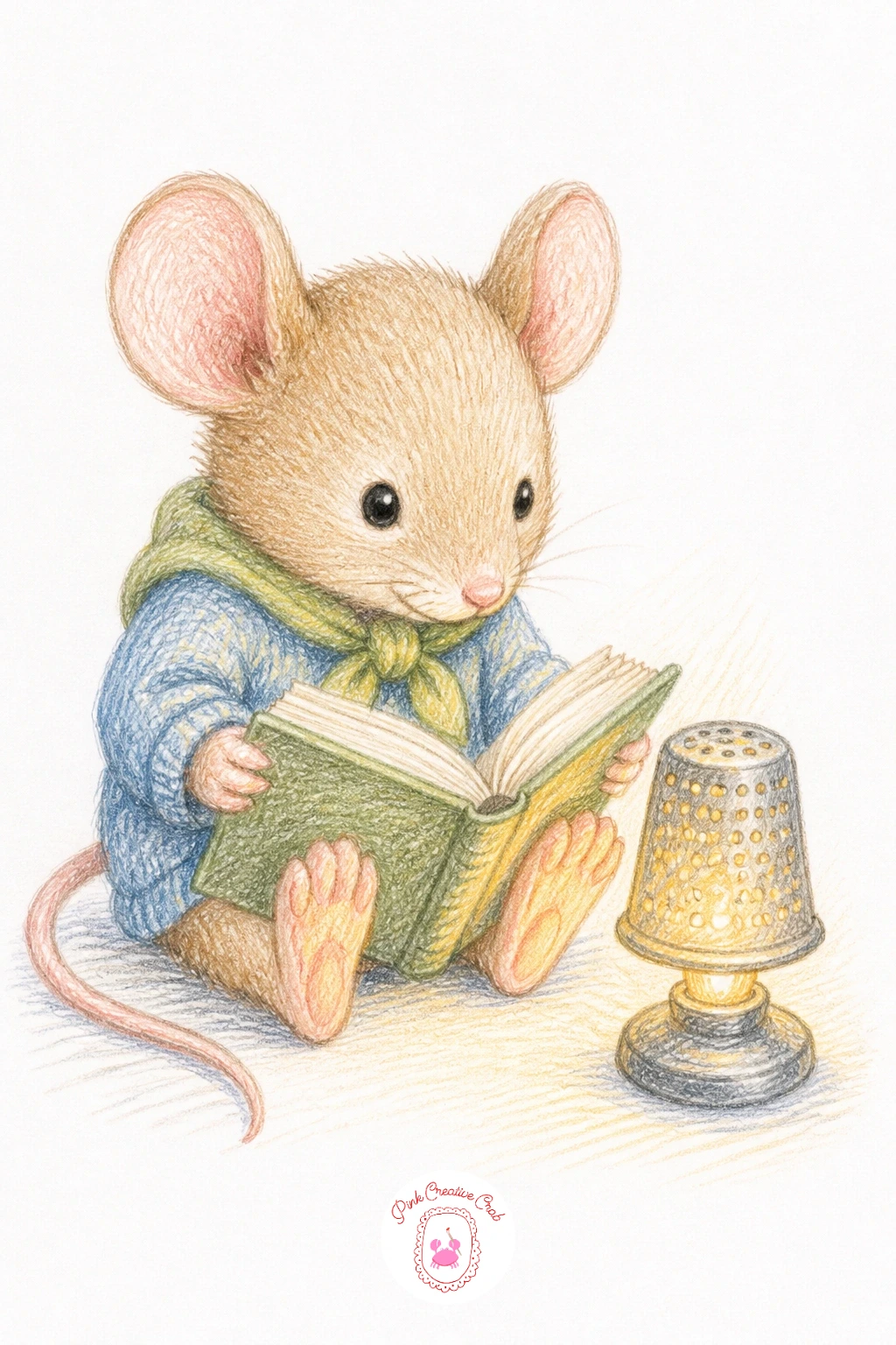 Mouse Reading by Thimble Lamp — Start simple with a mouse reading a book by a thimble lamp, since this one is mostly two shapes: a round body and an open book.