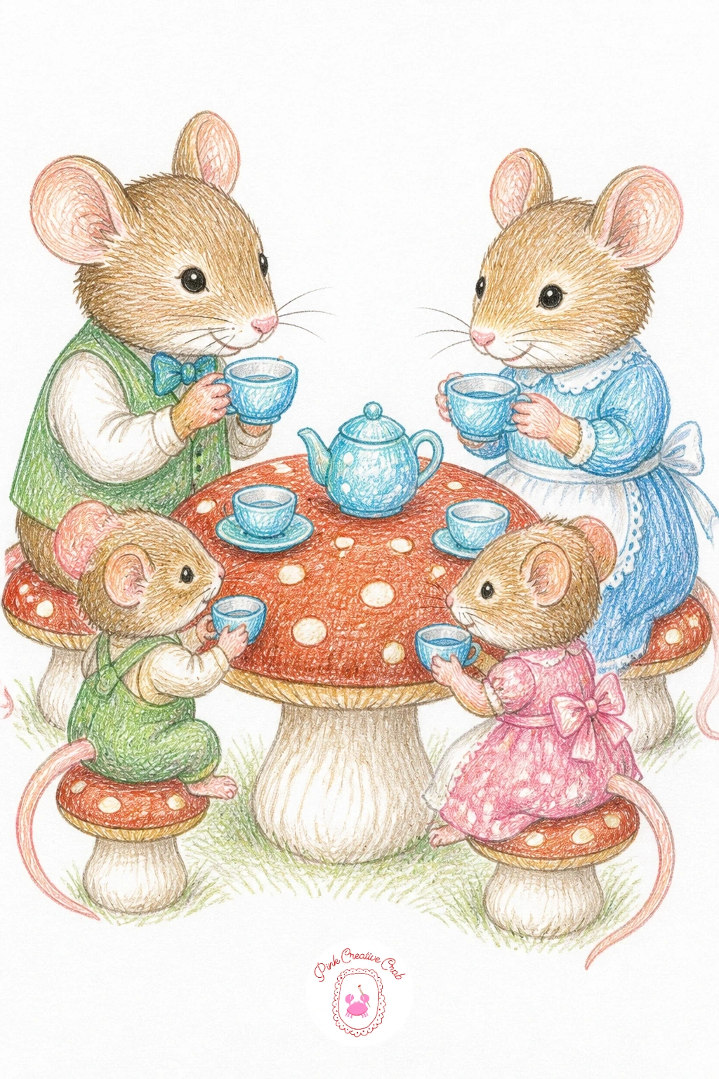 Mouse Family Tea at a Mushroom Table — Bring in a few characters at once with a mouse family having tea at a mushroom table, a scene that rewards a bit more