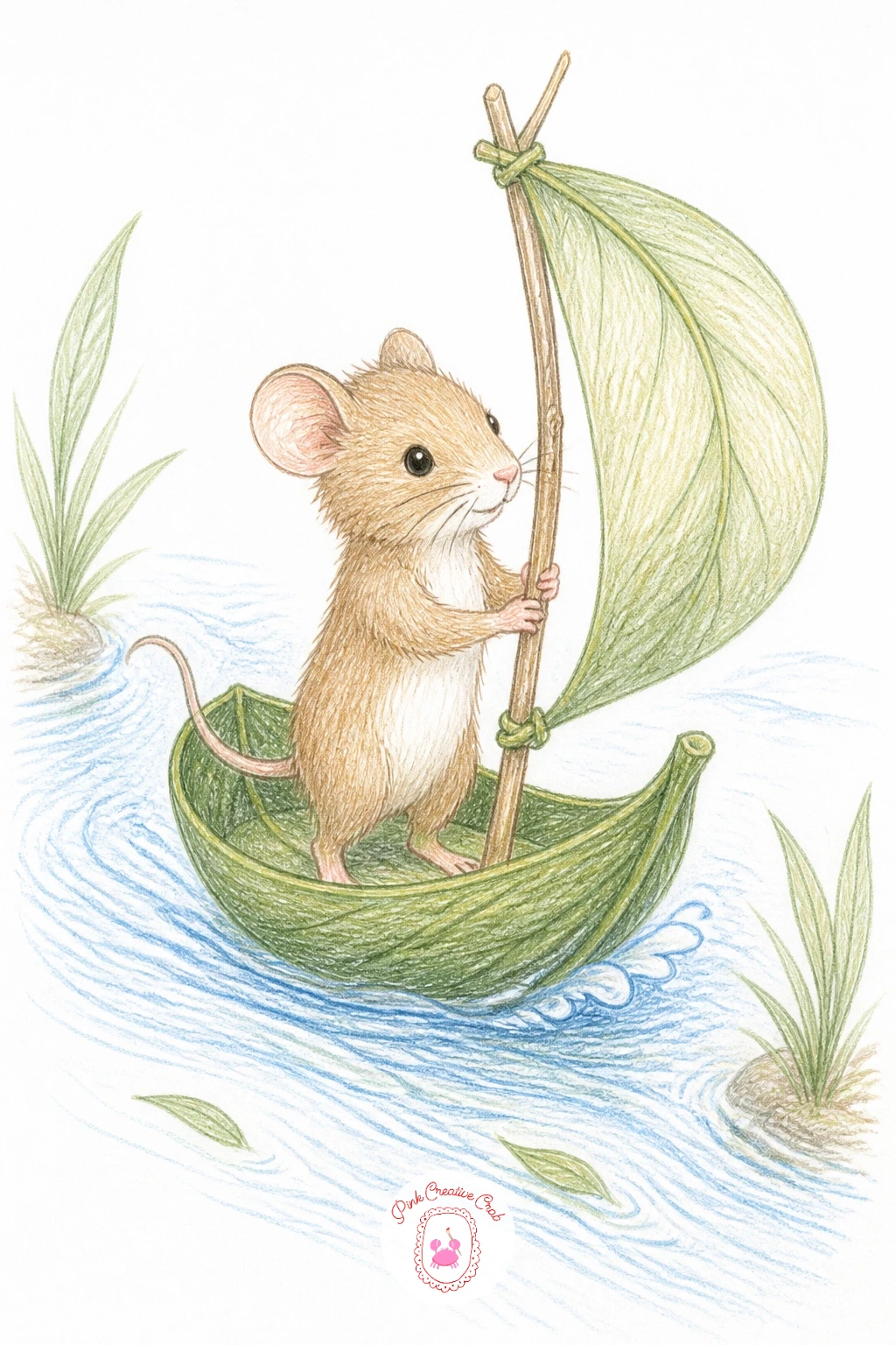 Mouse Sailing a Leaf Boat — Send a mouse sailing a leaf boat down a stream, a scene with built in movement that feels satisfying to finish. Mouse drawing