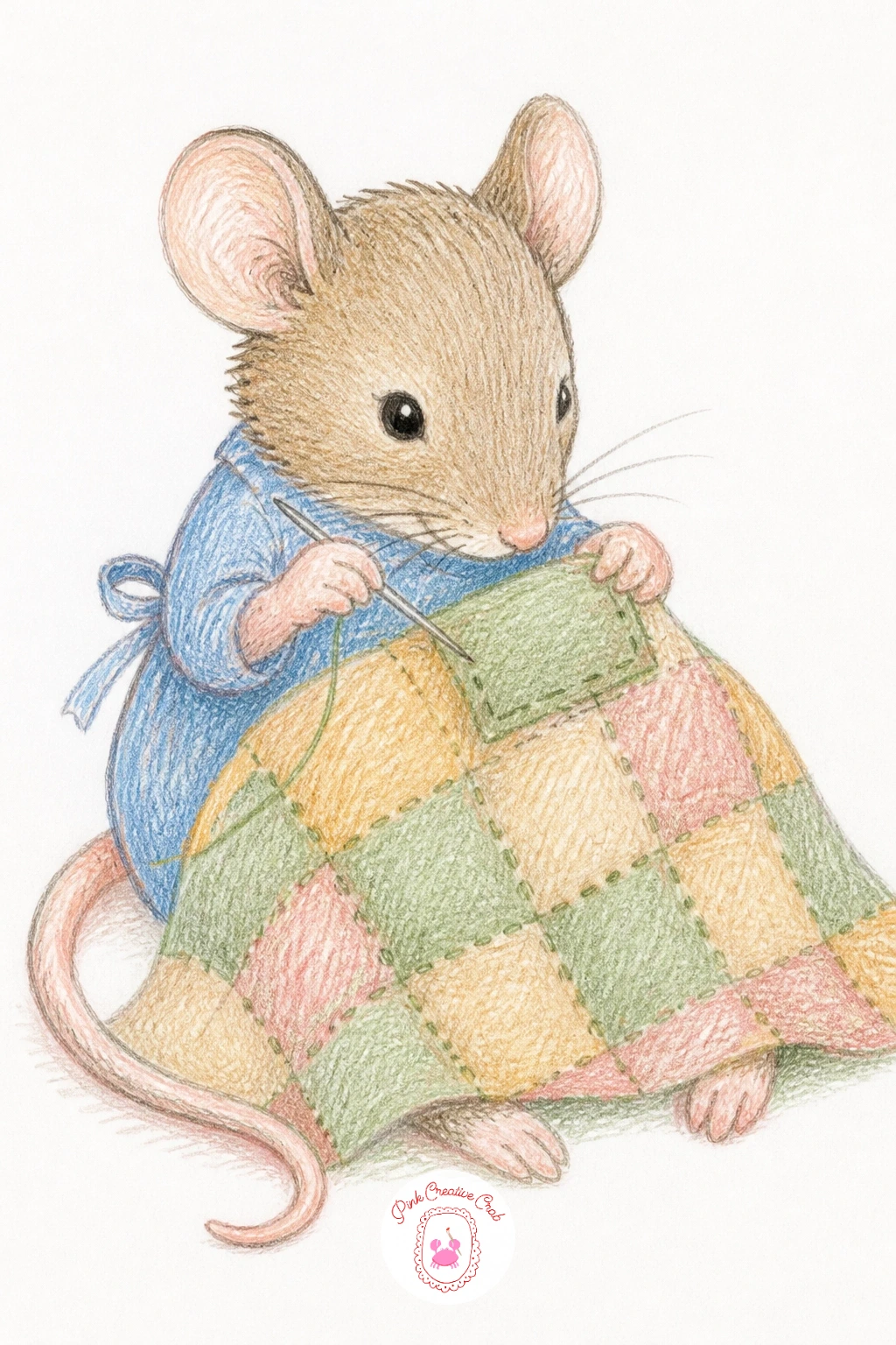Mouse Sewing a Quilt Patch — Settle into something quieter with a mouse sewing a patch onto a quilt, which is a nice one for practicing hands and small tools.