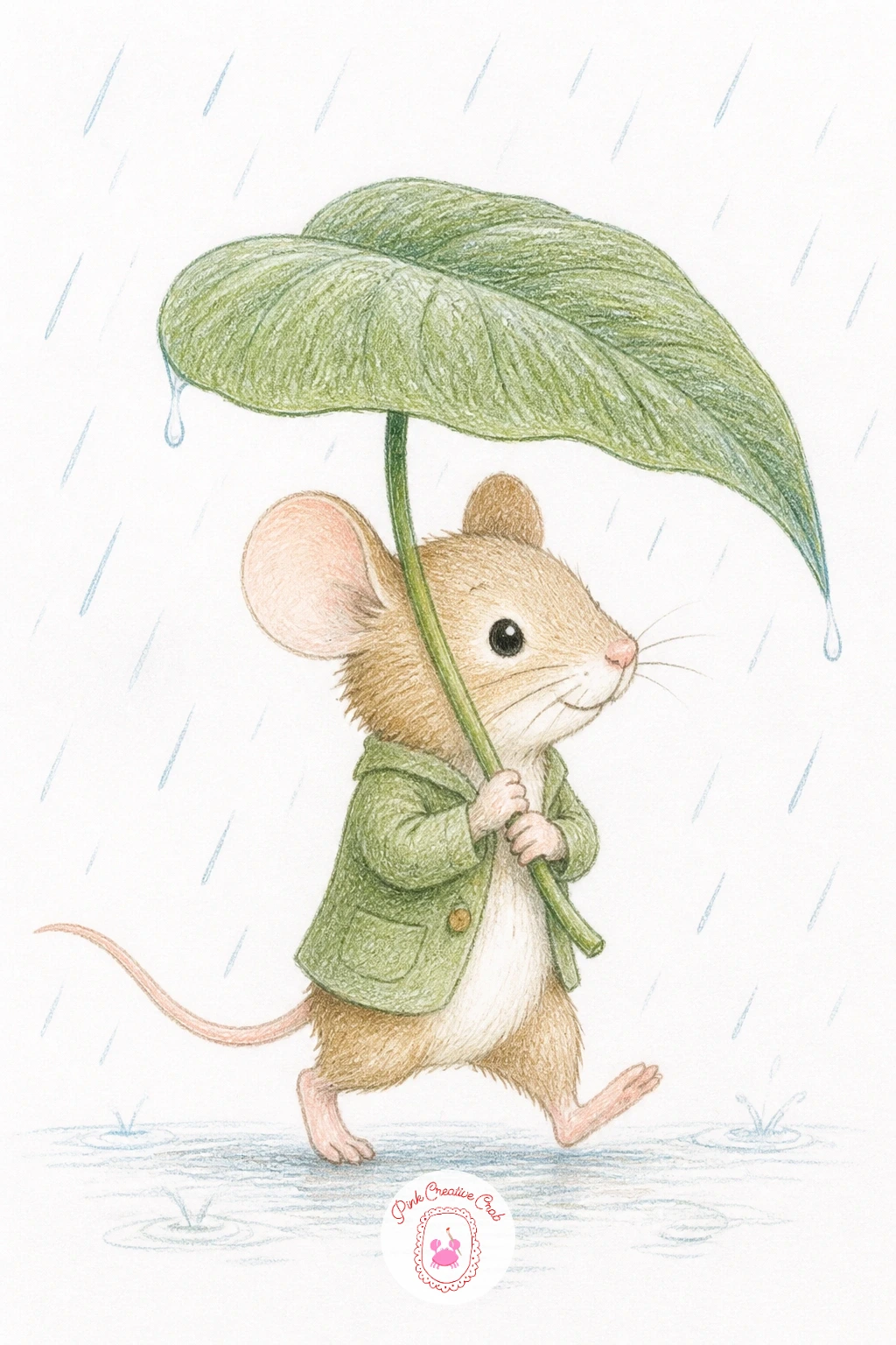 Mouse Under a Leaf Umbrella — Follow with a mouse holding a leaf umbrella in the rain, a good chance to practice a simple light hand on falling rain lines.