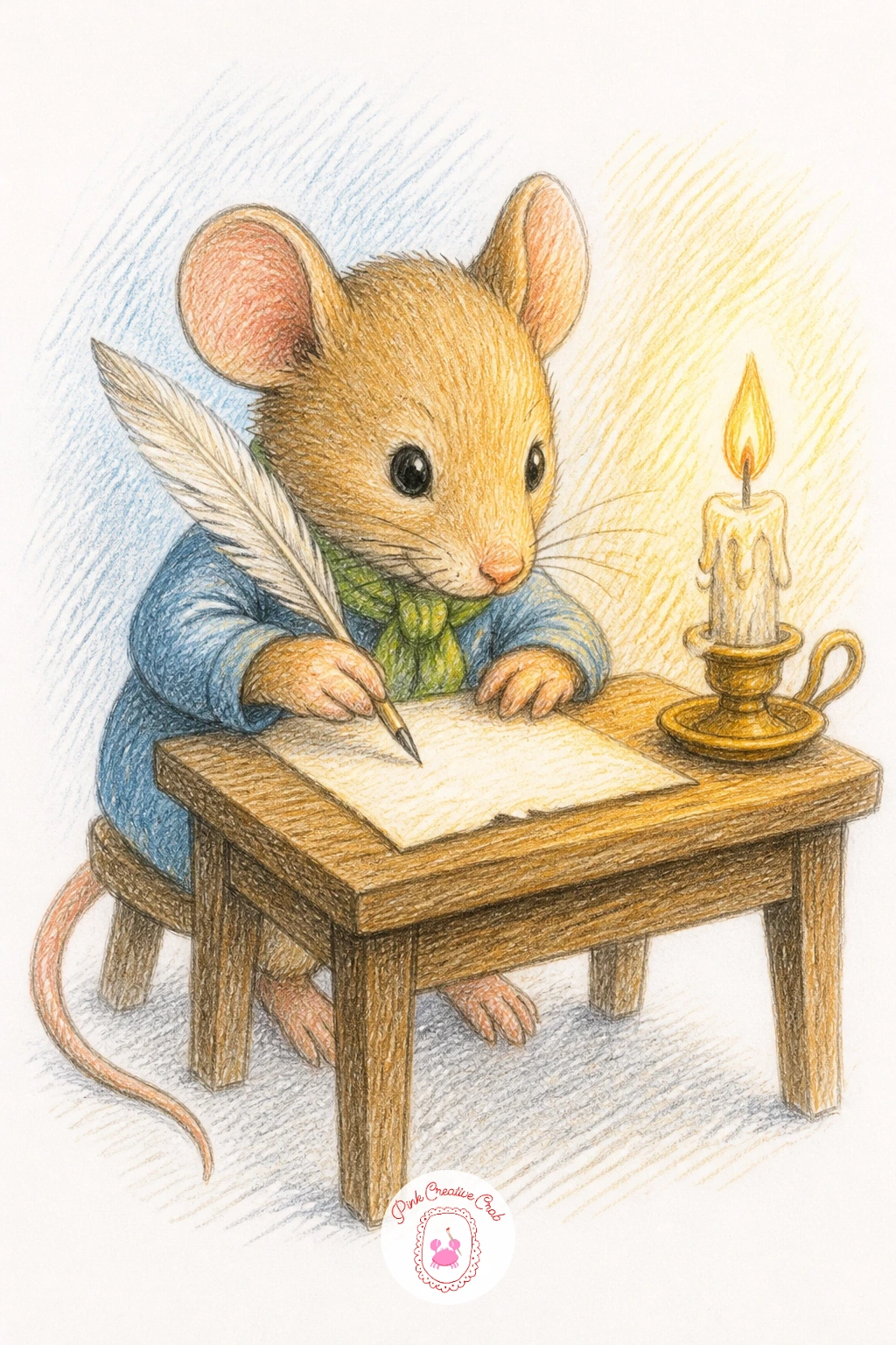 Mouse Writing by Candlelight — Set a quieter mood with a mouse writing with a quill by candlelight, where the light source does most of the storytelling work.