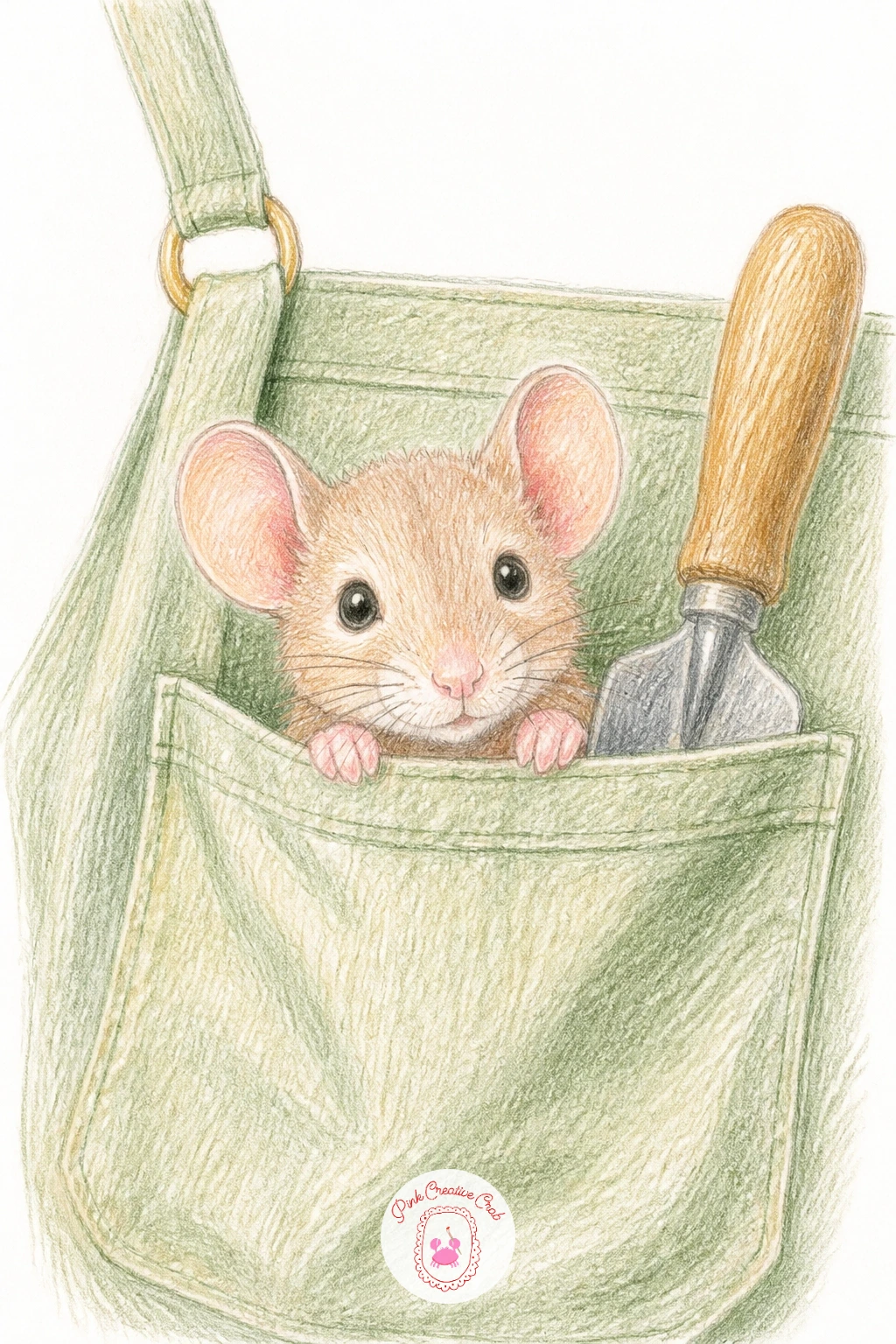 Mouse in a Gardener's Apron Pocket — Soften the mood with a mouse riding in a gardener's apron pocket, a cozy little detail scene rather than a full figure.