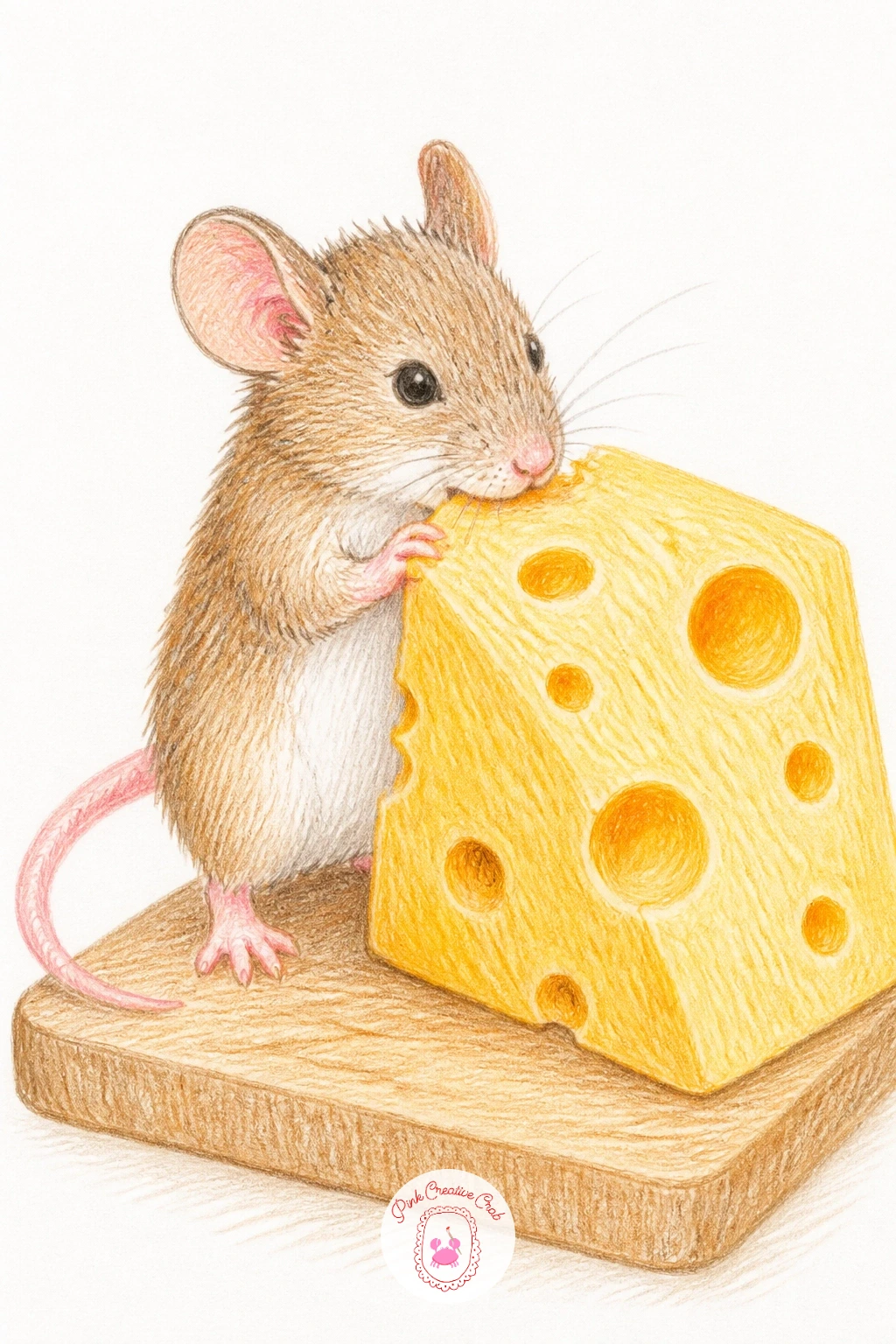 Mouse Nibbling a Cheese Board — Bring in some texture play with a mouse nibbling a cheese board, which is a nice chance to practice drawing holes convincingly.
