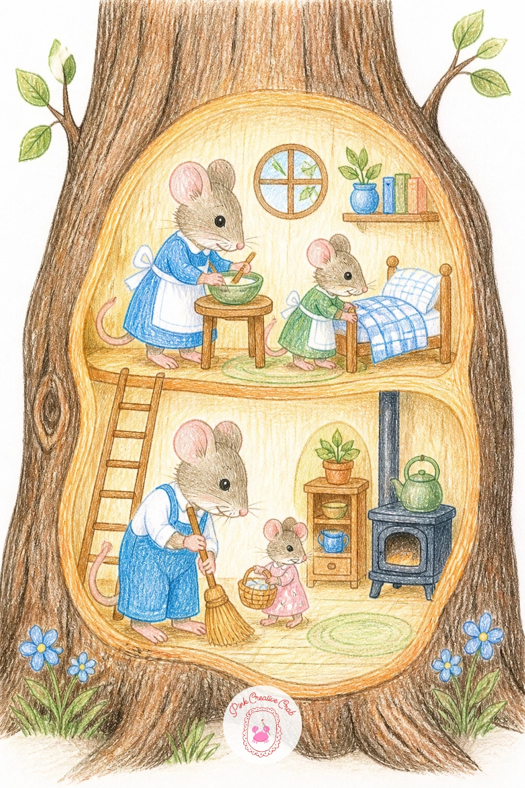 Mouse Family in a Hollow Tree House — Build a bigger scene with a mouse family in a hollow tree house, a cross-section view showing the inside of a tree trunk