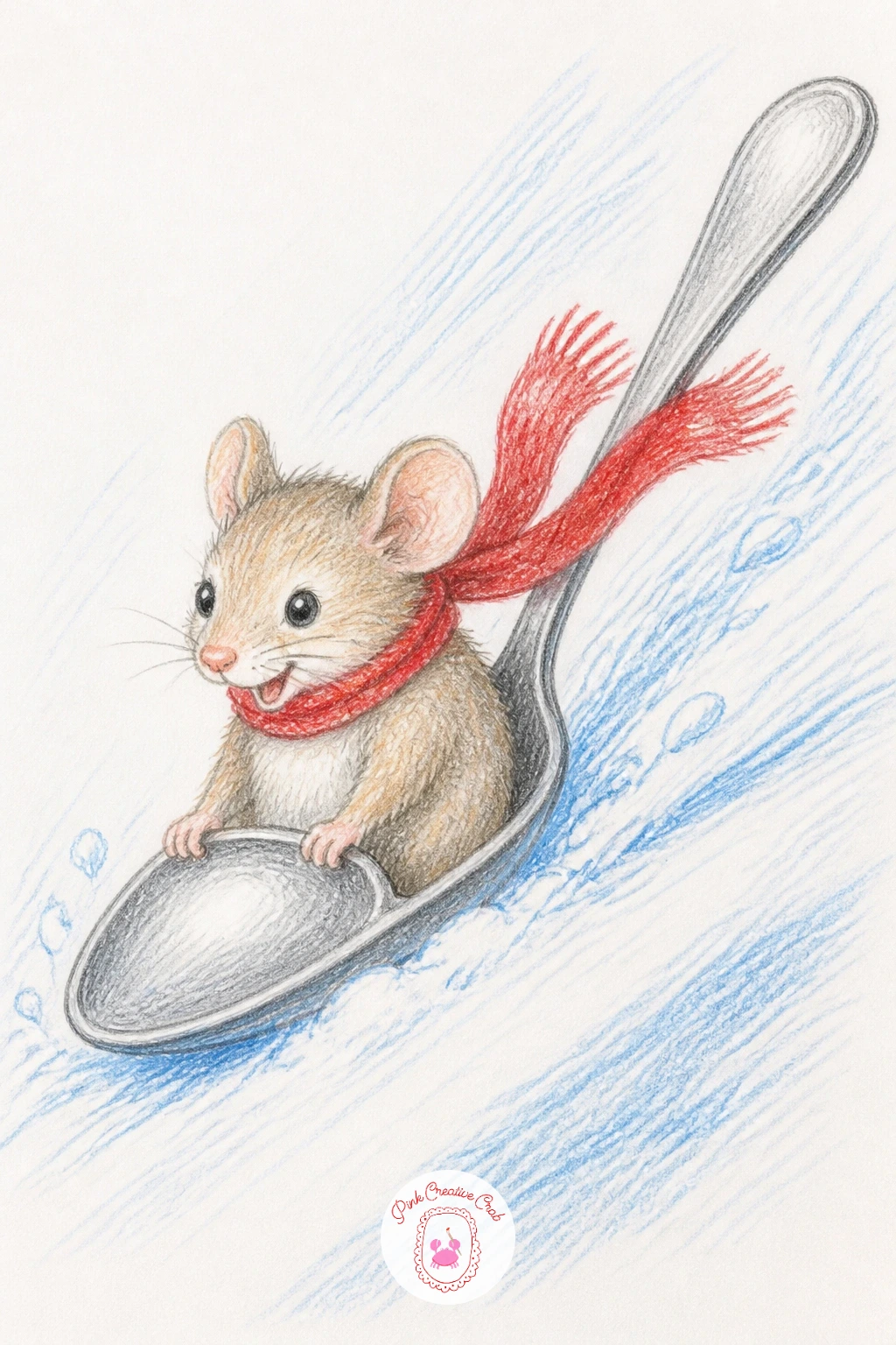 Mouse Sledding on a Spoon — Pick up some energy with a mouse sledding down a hill on a spoon, a scene built almost entirely around one diagonal line of motion.