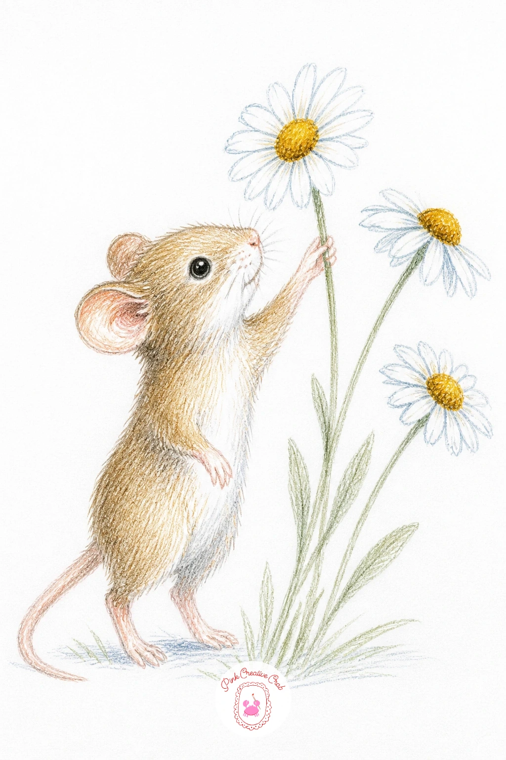 Mouse Picking Daisies — Slow back down with a mouse picking daisies, a gentle scene built from a few simple flower shapes and one reaching pose. Mouse drawing