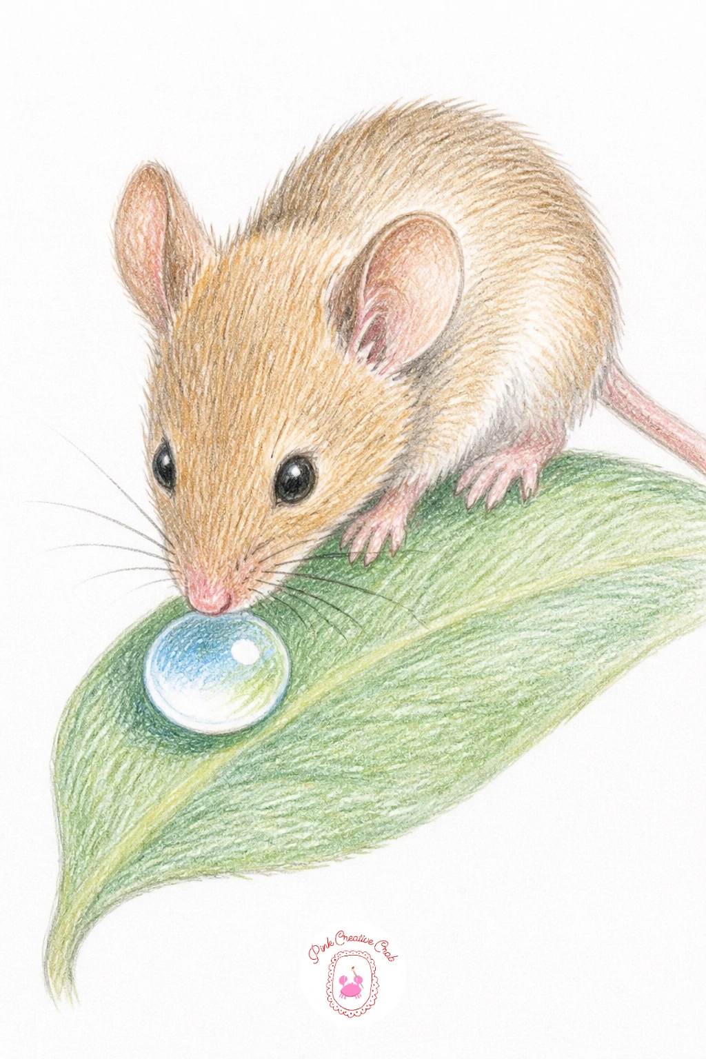 Mouse Drinking From a Dewdrop — Try a quieter morning moment with a mouse drinking from a dewdrop on a leaf, a nice small exercise in drawing something clear