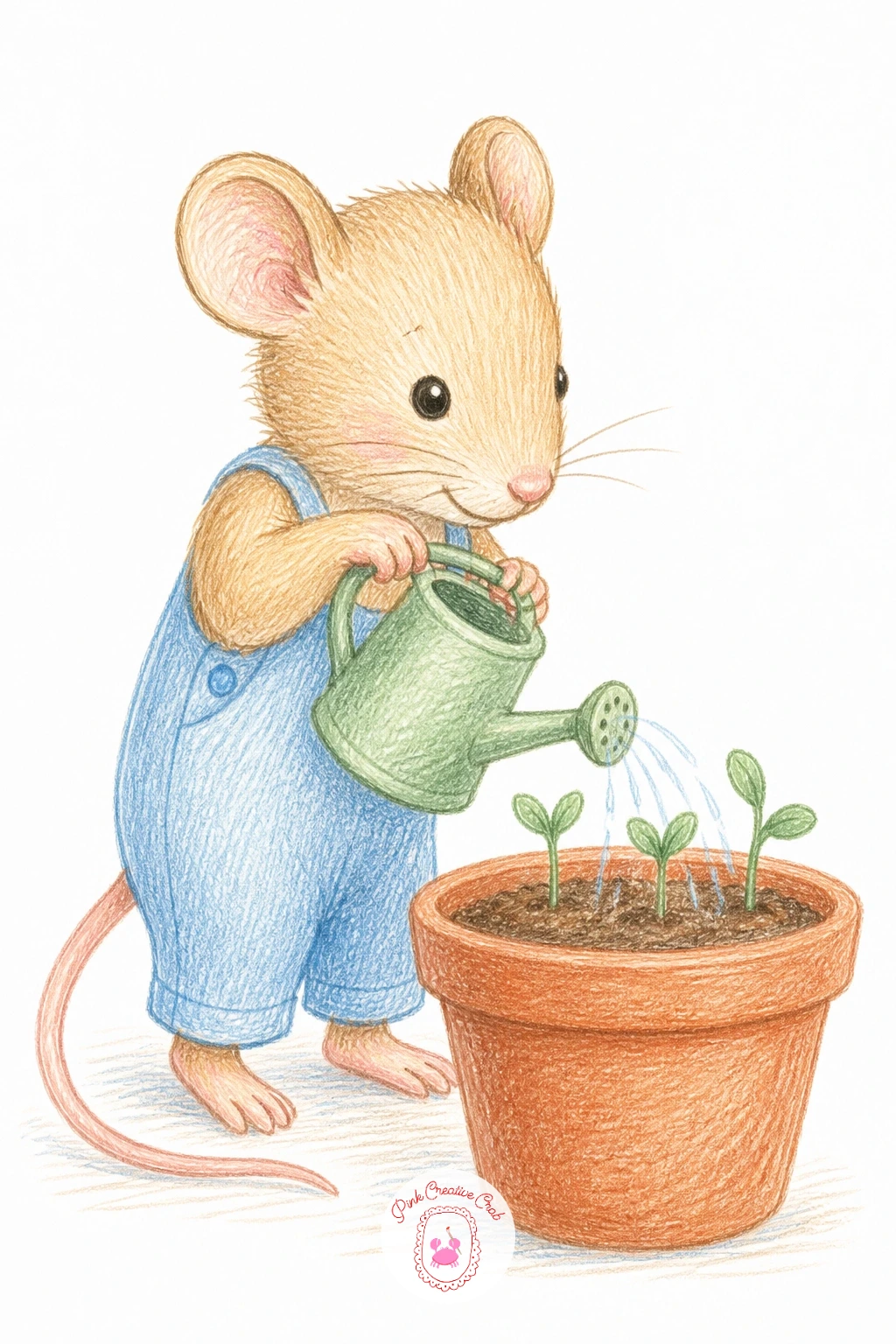 Mouse Watering Flowerpot Seedlings — Settle into something domestic with a mouse watering seedlings in a flowerpot, a nice composition for practicing a pouring