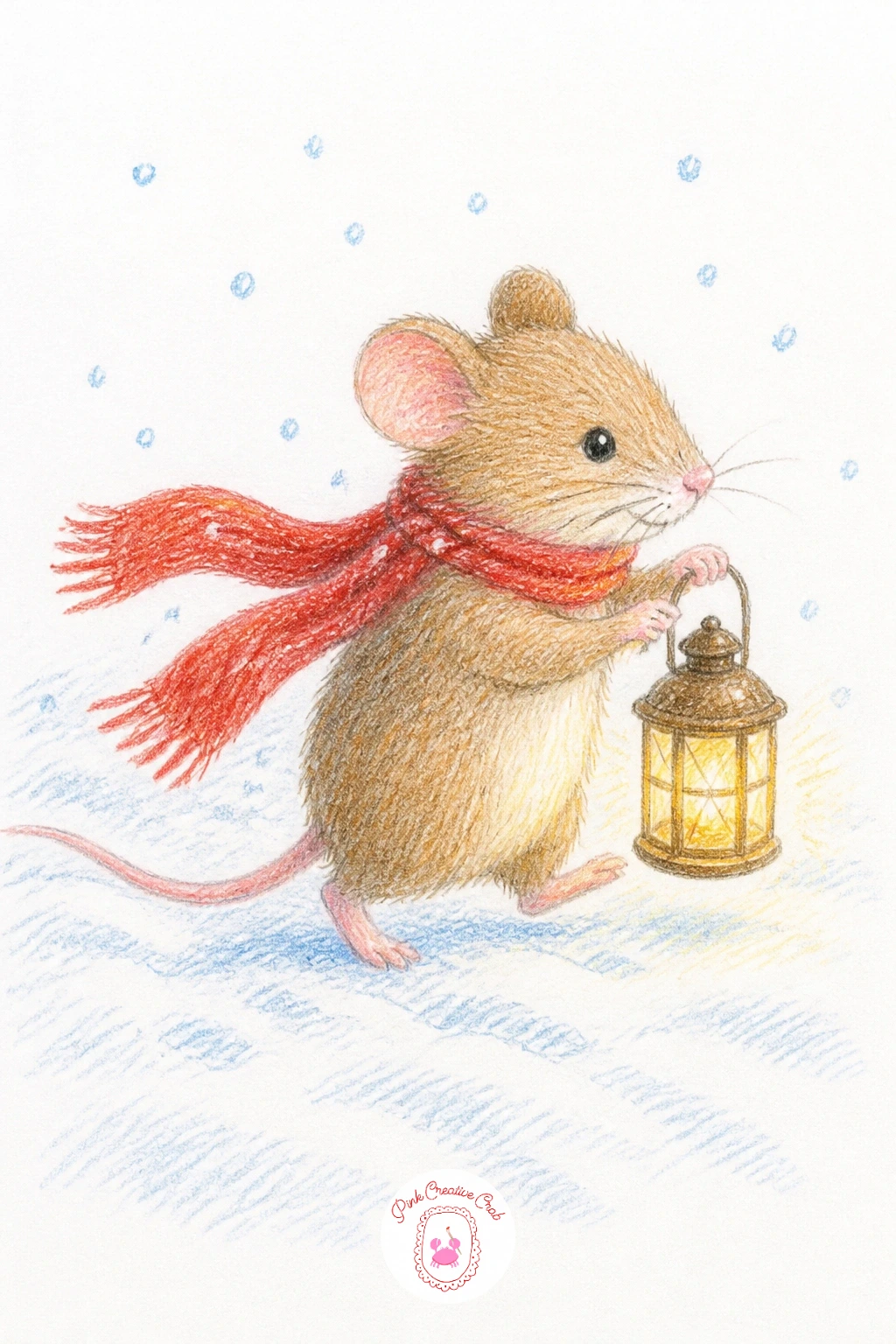 Mouse Carrying a Lantern in Snow — Turn to a cooler scene with a mouse carrying a lantern through the snow, which leans entirely on warm light against a cold
