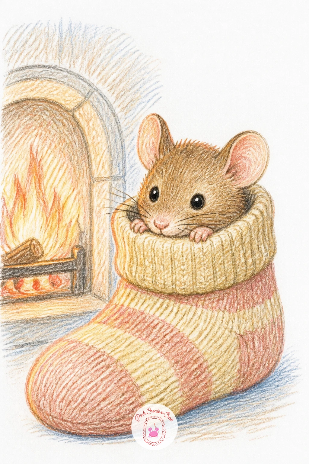 Mouse Tucked Into a Sock by the Fire — Return to something warm with a mouse tucked into a sock by the fire, a scene almost entirely about cozy shapes and a