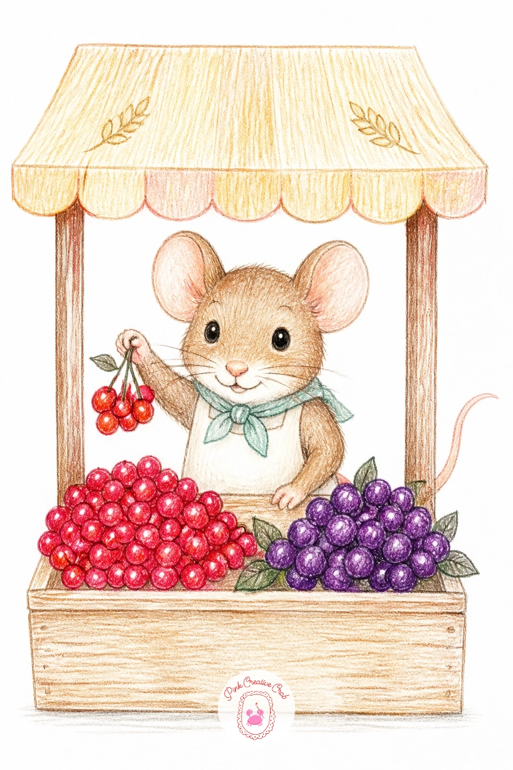 Mouse Selling Berries at a Market Stall — Build a small scene of commerce with a mouse selling berries at a tiny market stall, a nice one for arranging several