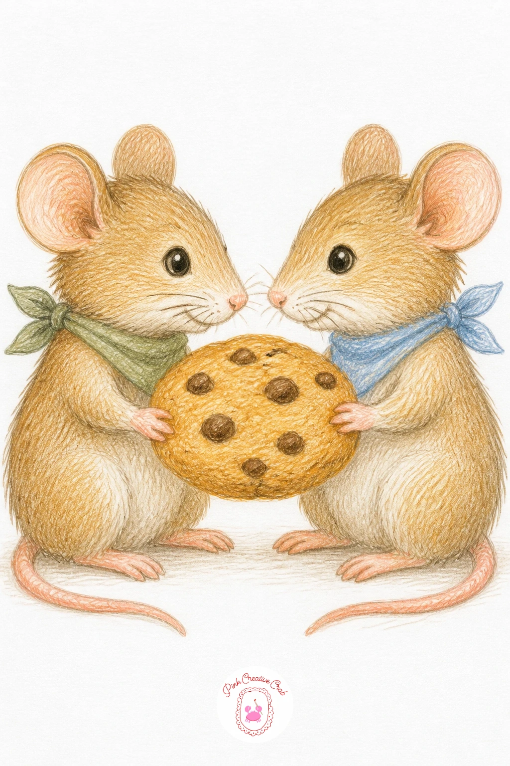 Two Mice Sharing a Cookie — Bring in a friendship moment with two mice sharing a chocolate chip cookie, a scene that works well because the cookie gives both