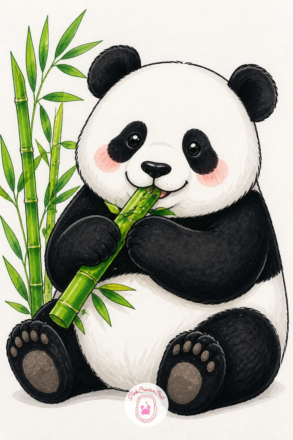 Panda Munching Bamboo — Start with the simplest panda story on this whole list: a panda sitting upright, both paws wrapped around a stick of bamboo, cheeks