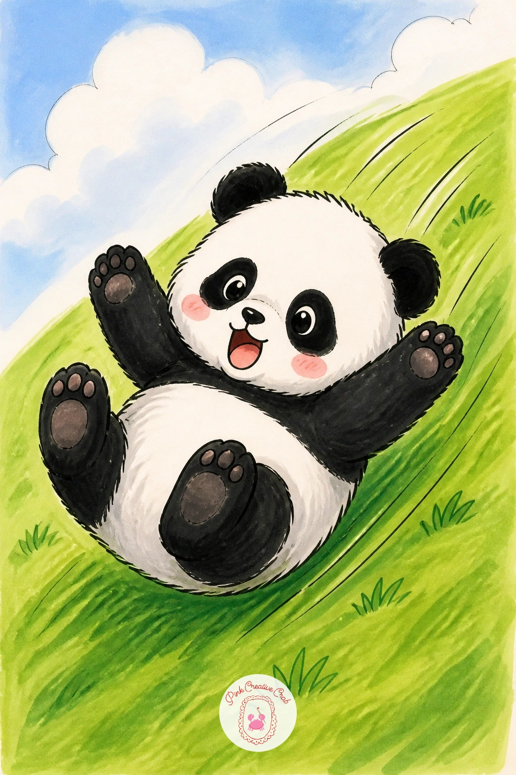 Baby Panda Rolling Down a Hill — Give the baby panda from this idea some motion: imagine it mid-tumble, body curled into a rounder, smaller shape than the