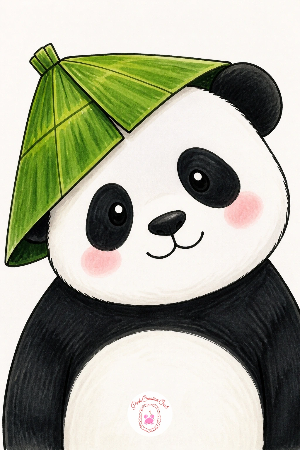 Panda Wearing a Bamboo Leaf Hat — Give the panda a little costume now: a hat folded from a single wide bamboo leaf, perched jauntily over one ear. Cute panda