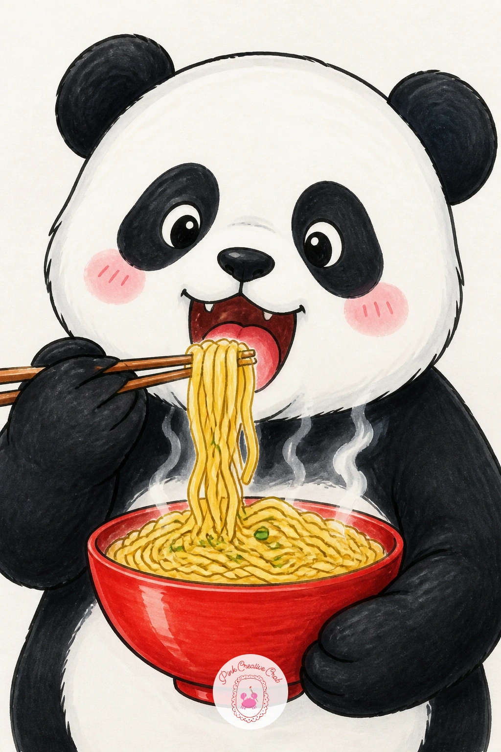Panda Eating Noodles With Chopsticks — Here is a fun test of hand props: a panda holding chopsticks in one paw, lifting a tangle of noodles toward its open