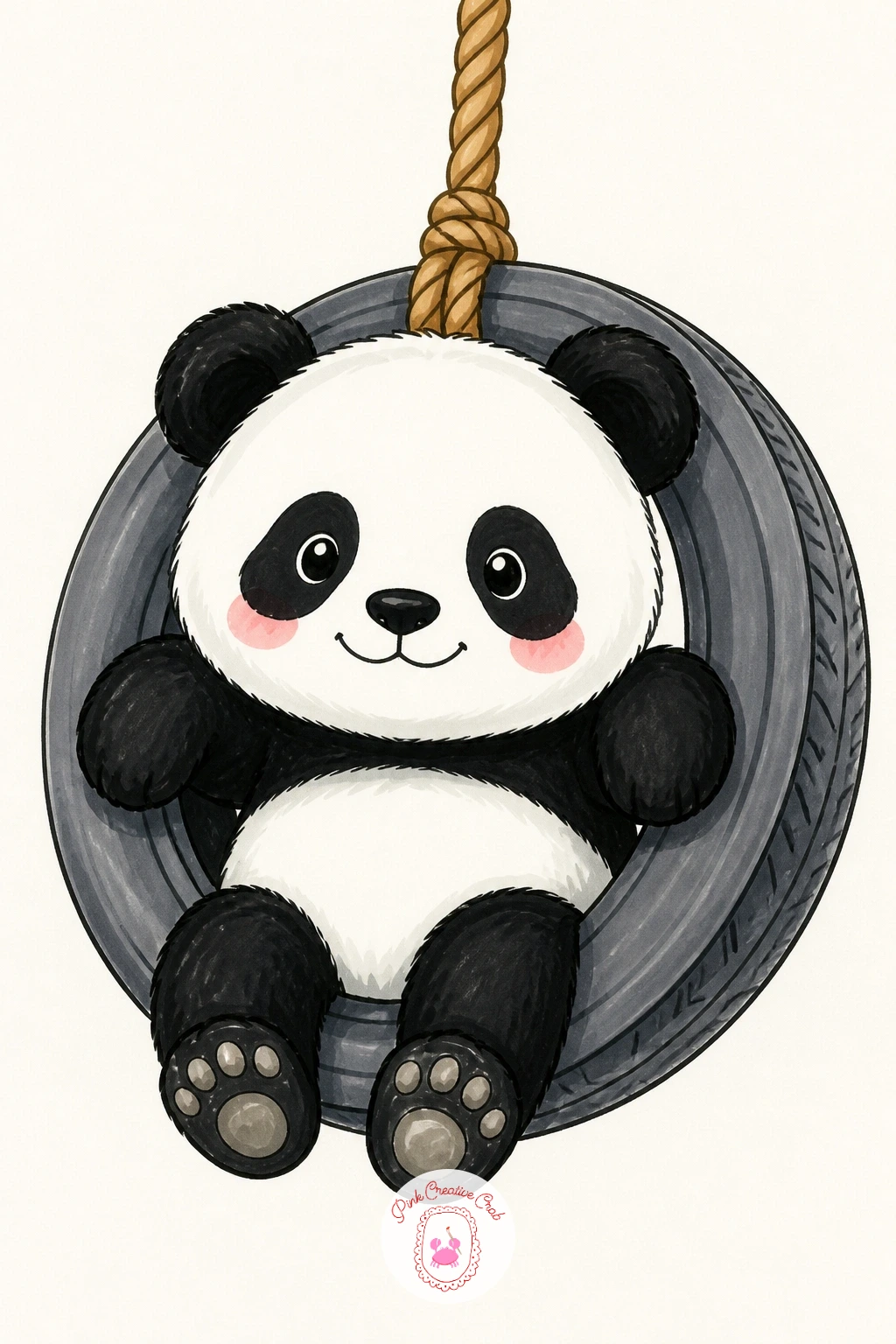 Panda in a Tire Swing — Bring in a proportion check for this one: a panda sitting inside a hanging tire swing, rope stretching up out of frame. Cute panda