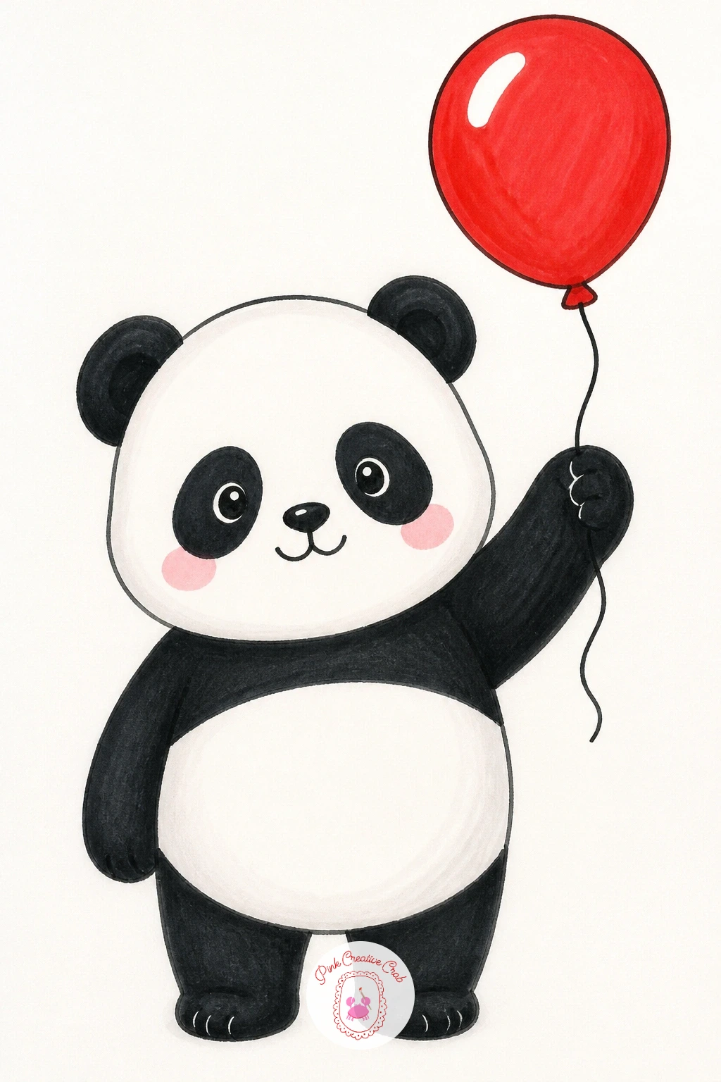 Panda Holding a Red Balloon — Keep this one deliberately simple after the swing: a panda standing on two feet, one paw raised holding a single red balloon by a