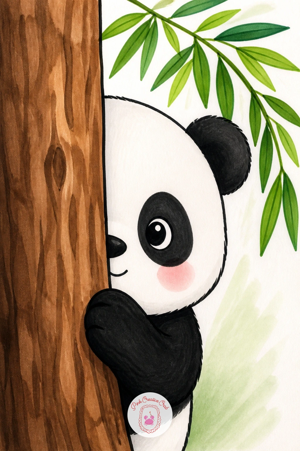 Panda Peeking From Behind a Tree Trunk — This one plays with perspective: a panda's head and one paw poking out from behind a tree trunk, body hidden entirely
